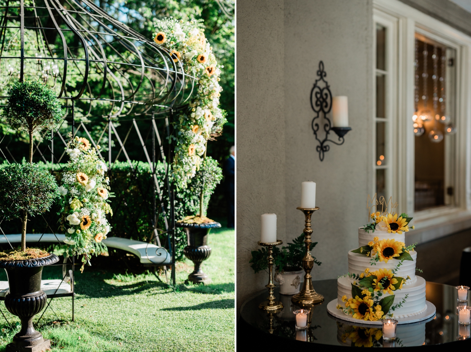 A wedding cake covered in cascading sunflowers