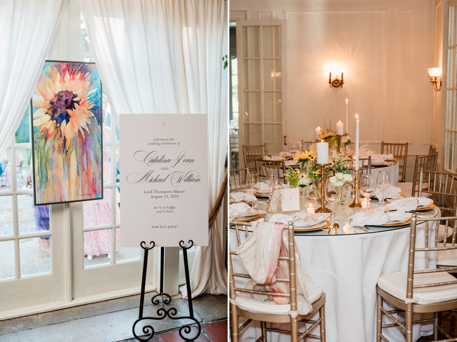 A wedding reception set up in the largest room of Lord Thompson Manor