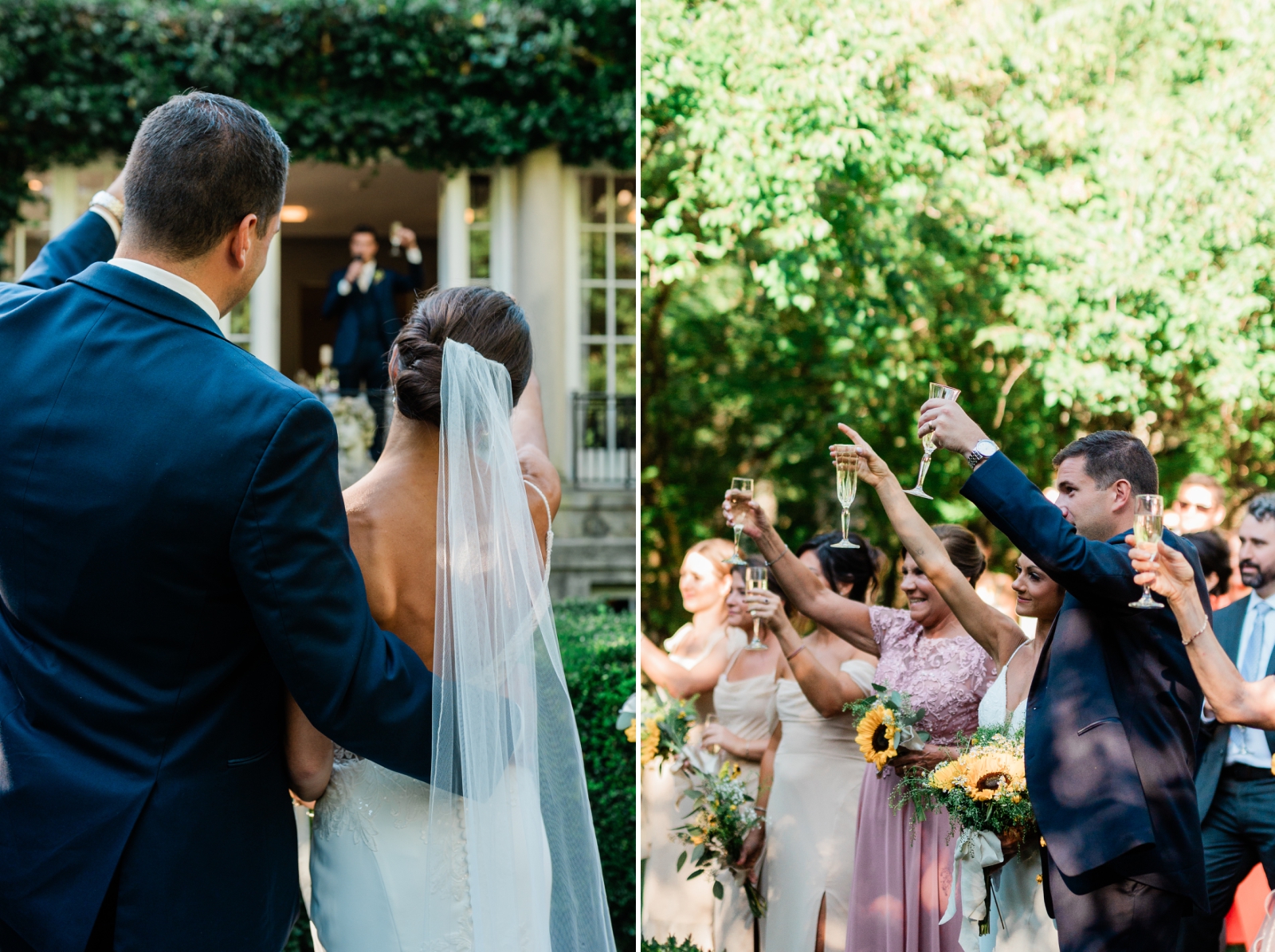 Wedding guests toast during speeches in the garden