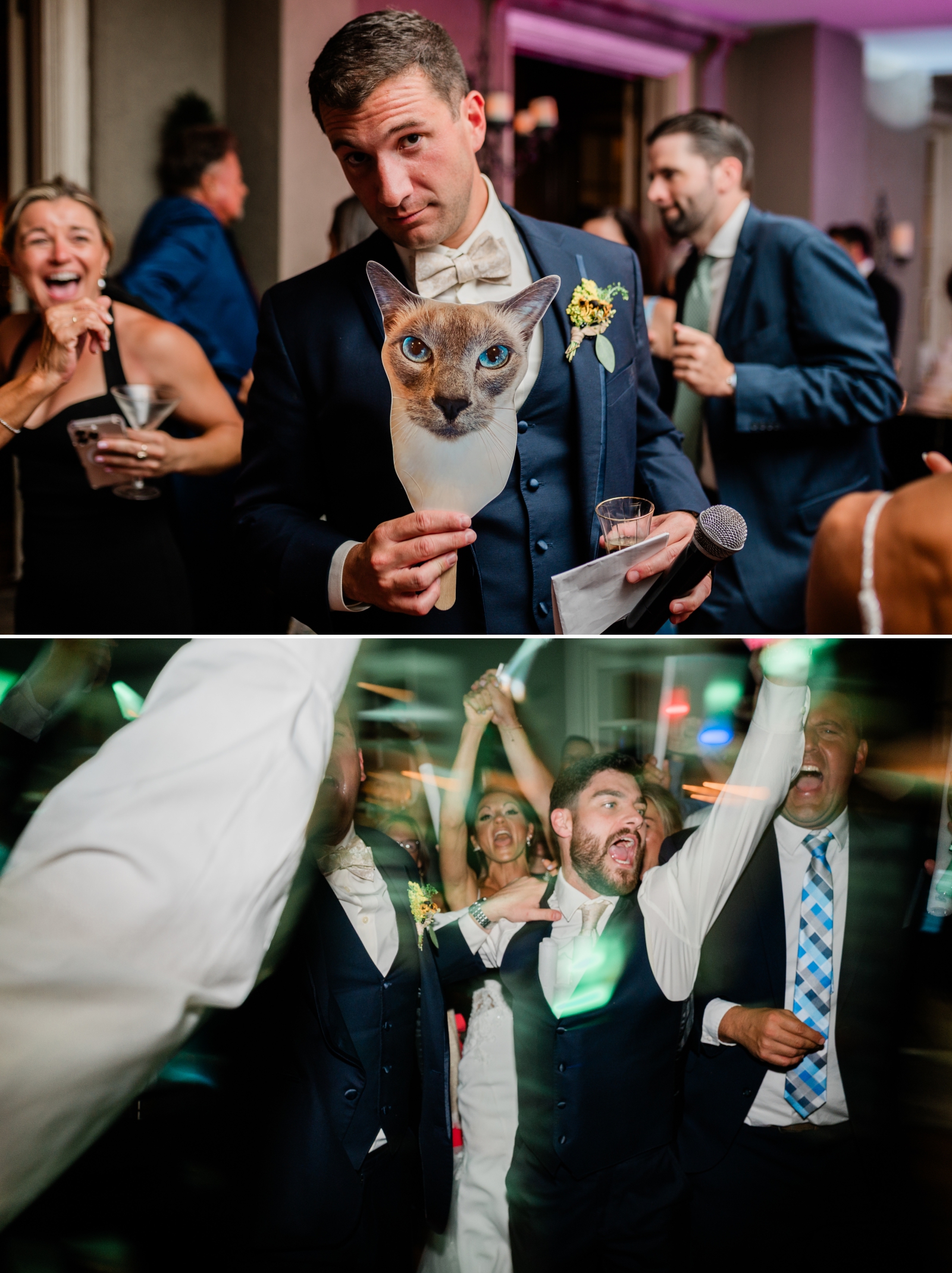 A groom holds a cardboard cut-out of a grey cat with blue eyes