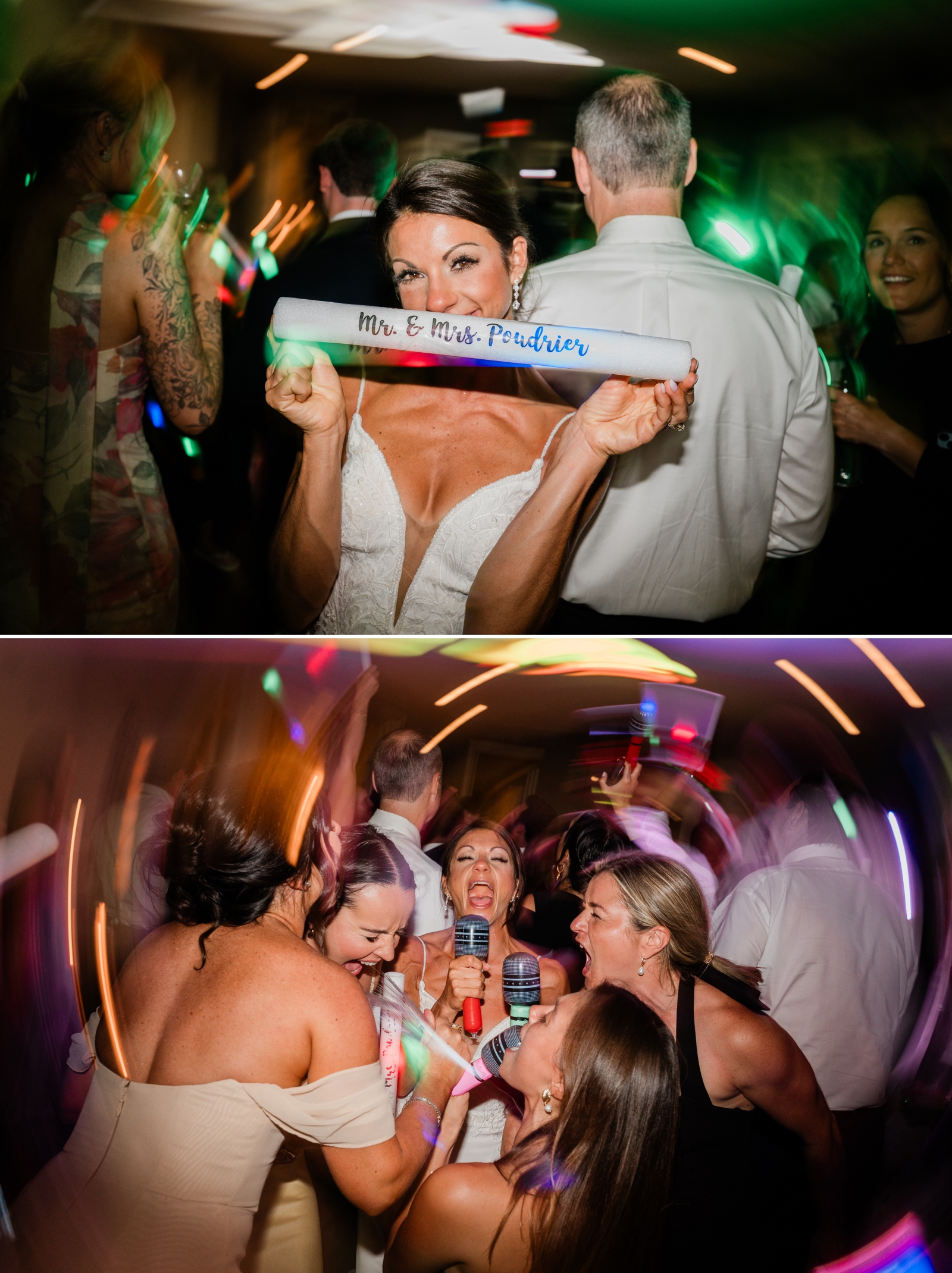 A bride holds a light-up stick with her last name written on it