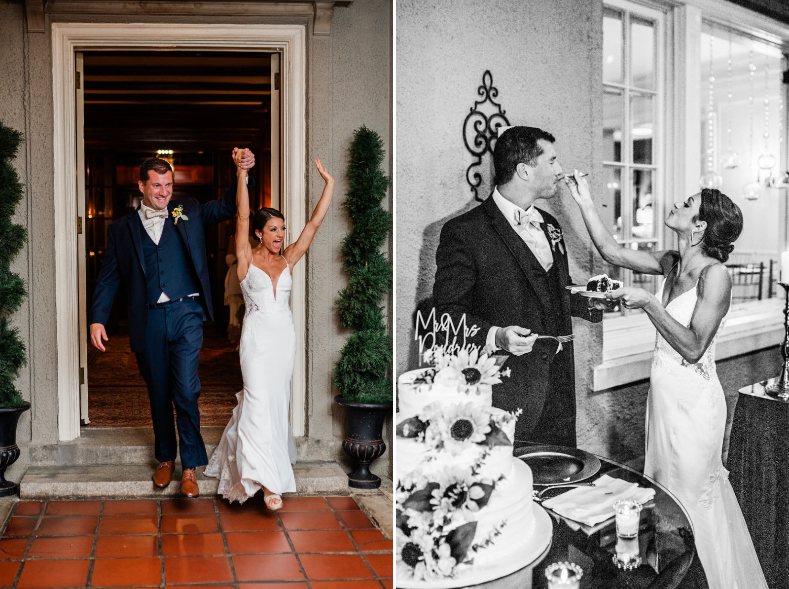 A bride and groom cut their wedding cake and feed it to each other