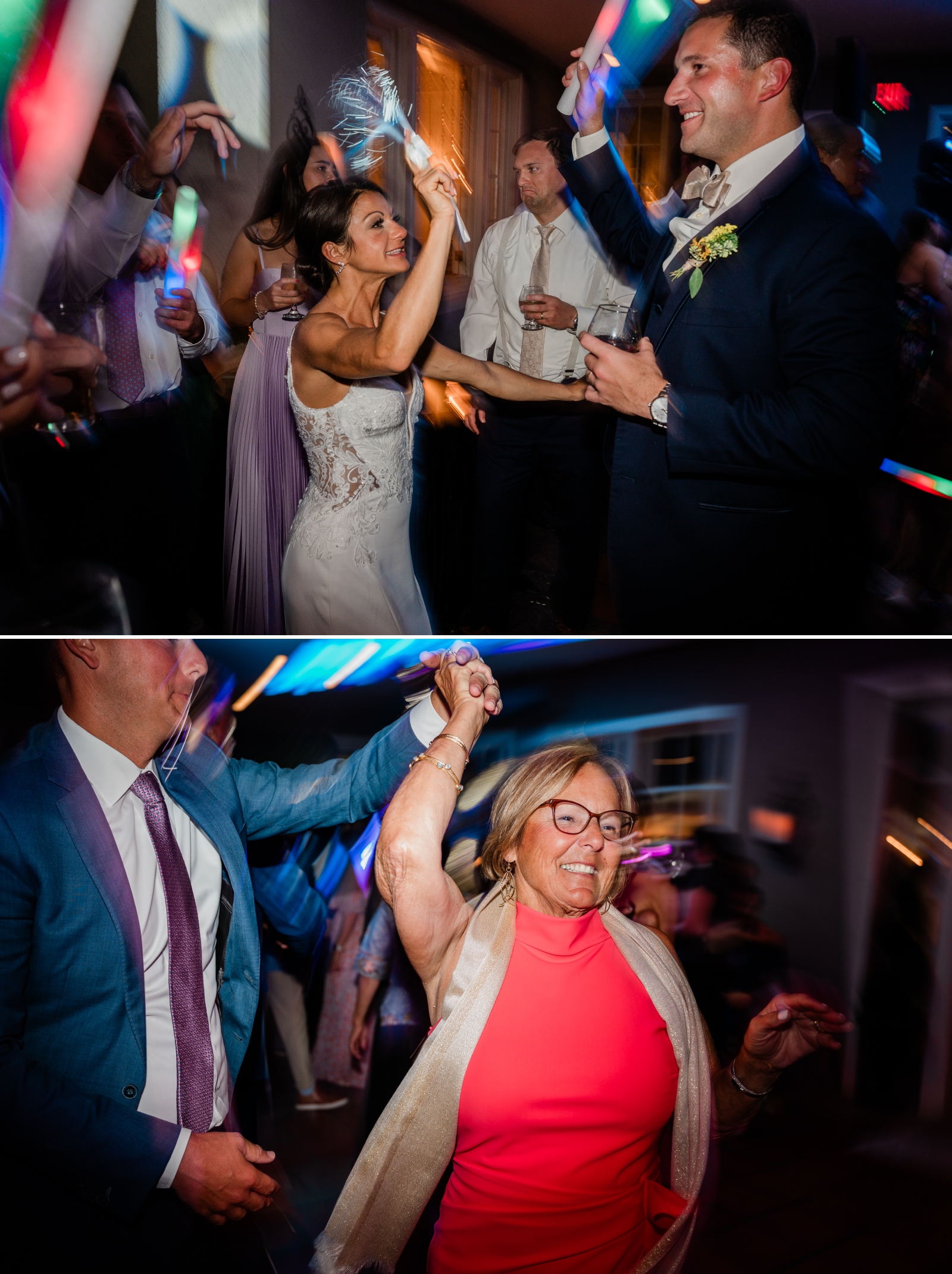 A bride and groom dance in the center of the dance floor