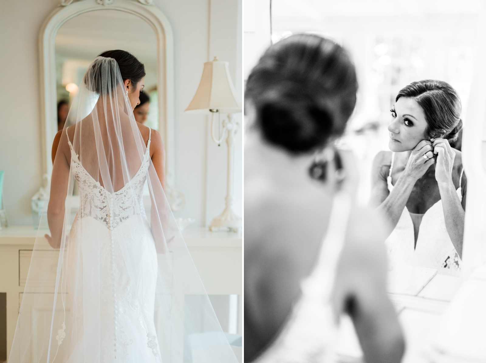 A black and white photo of a bride putting on her earrings before her wedding ceremony