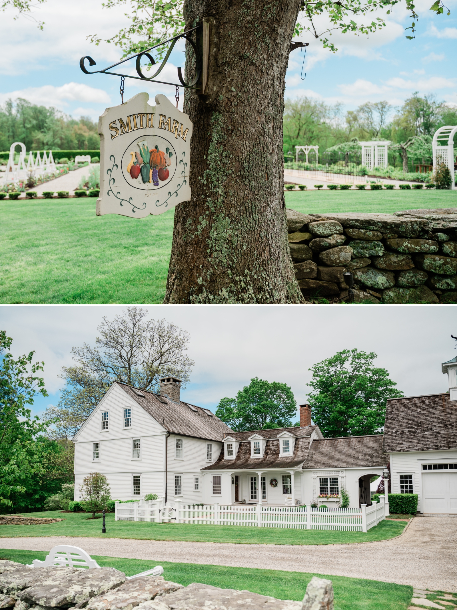 The farmhouse at Smith Farm Gardens on a sunny day with a blue sky