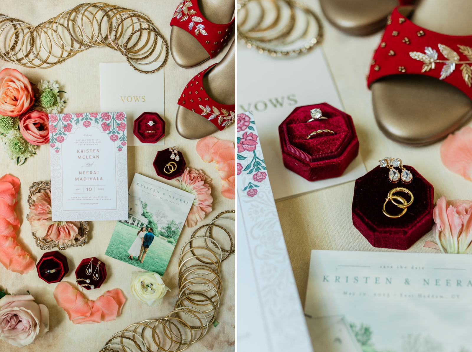 A flat lay for an American Indian wedding with bracelets, red shoes, wedding invitations, and jewelry in red velvet ring boxes