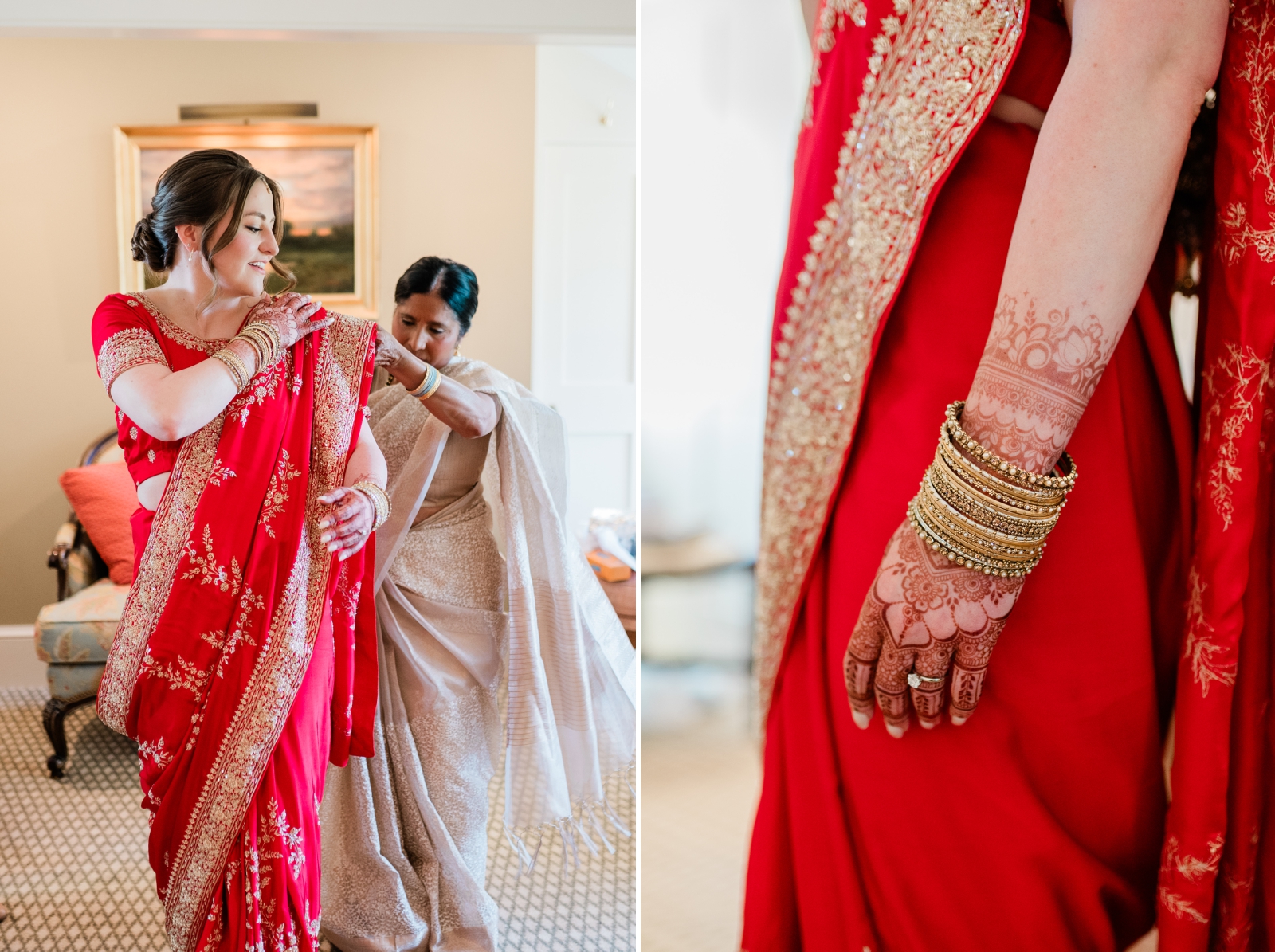 A bride in a red saree preparing for her American Indian wedding ceremony at Smith Farm Gardens