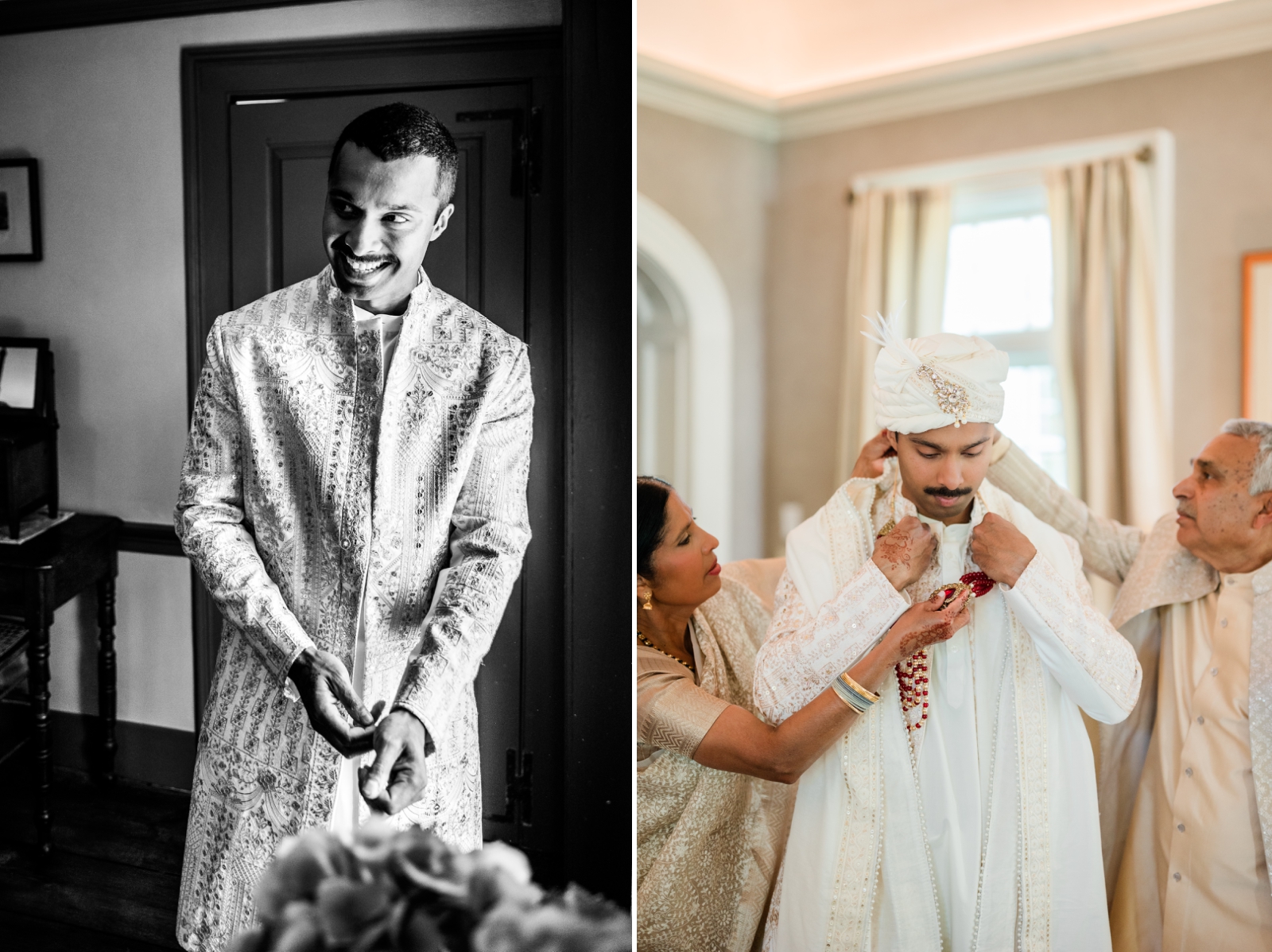 A groom and his parents prepare for an American Indian wedding ceremony