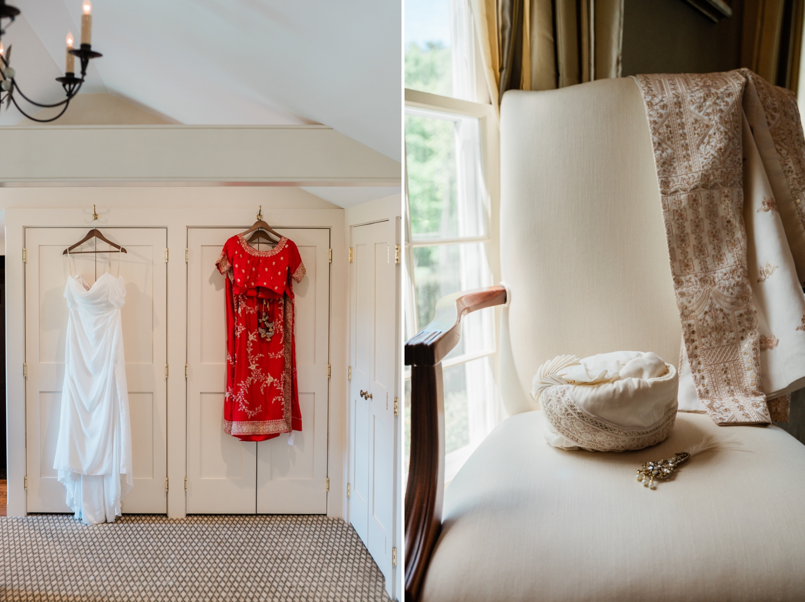 A traditional white wedding dress hanging beside a red saree for an American Indian Wedding