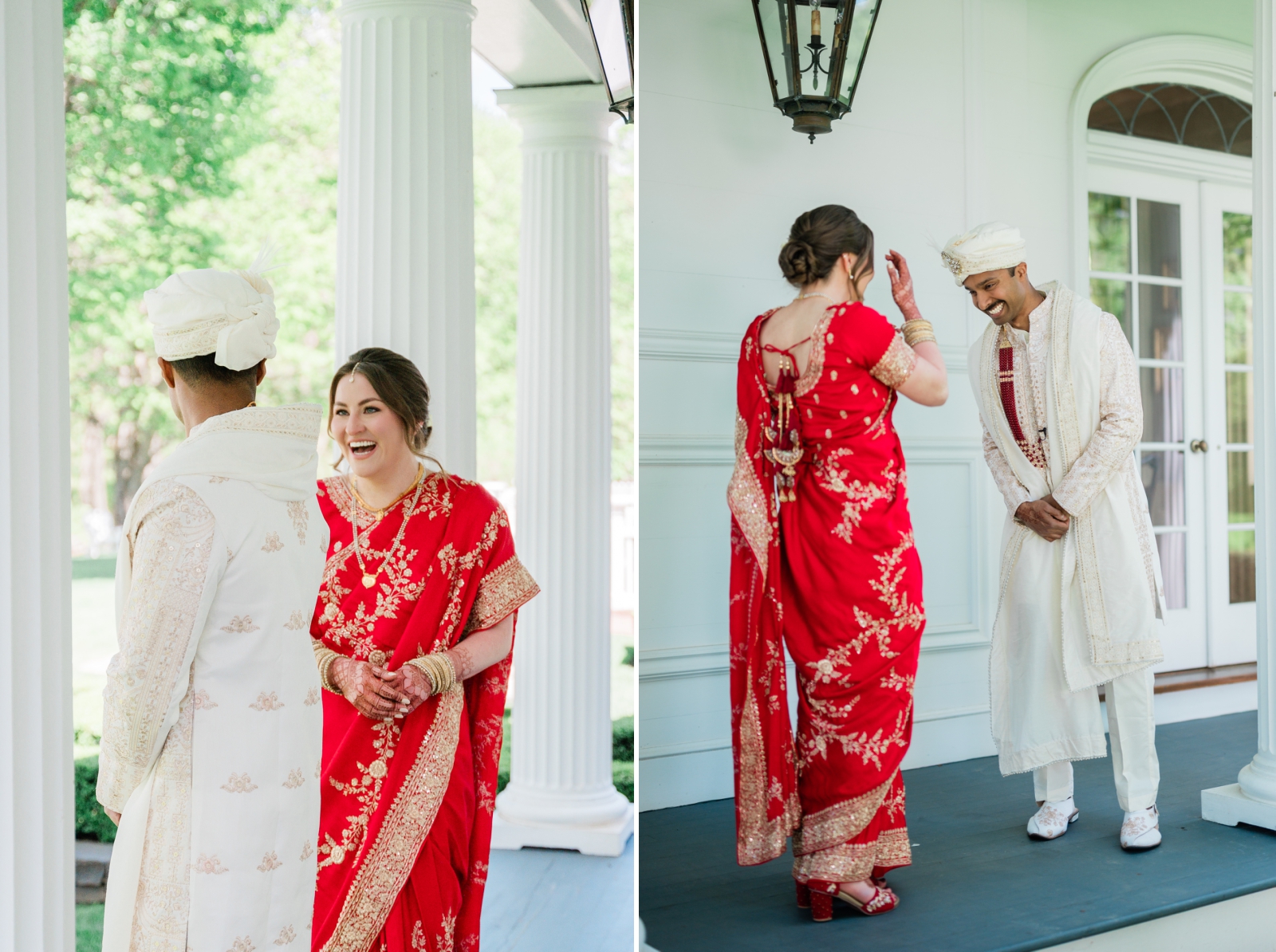 A groom in a white Sherwani turns to see a bride in a red saree during their first look at their wedding