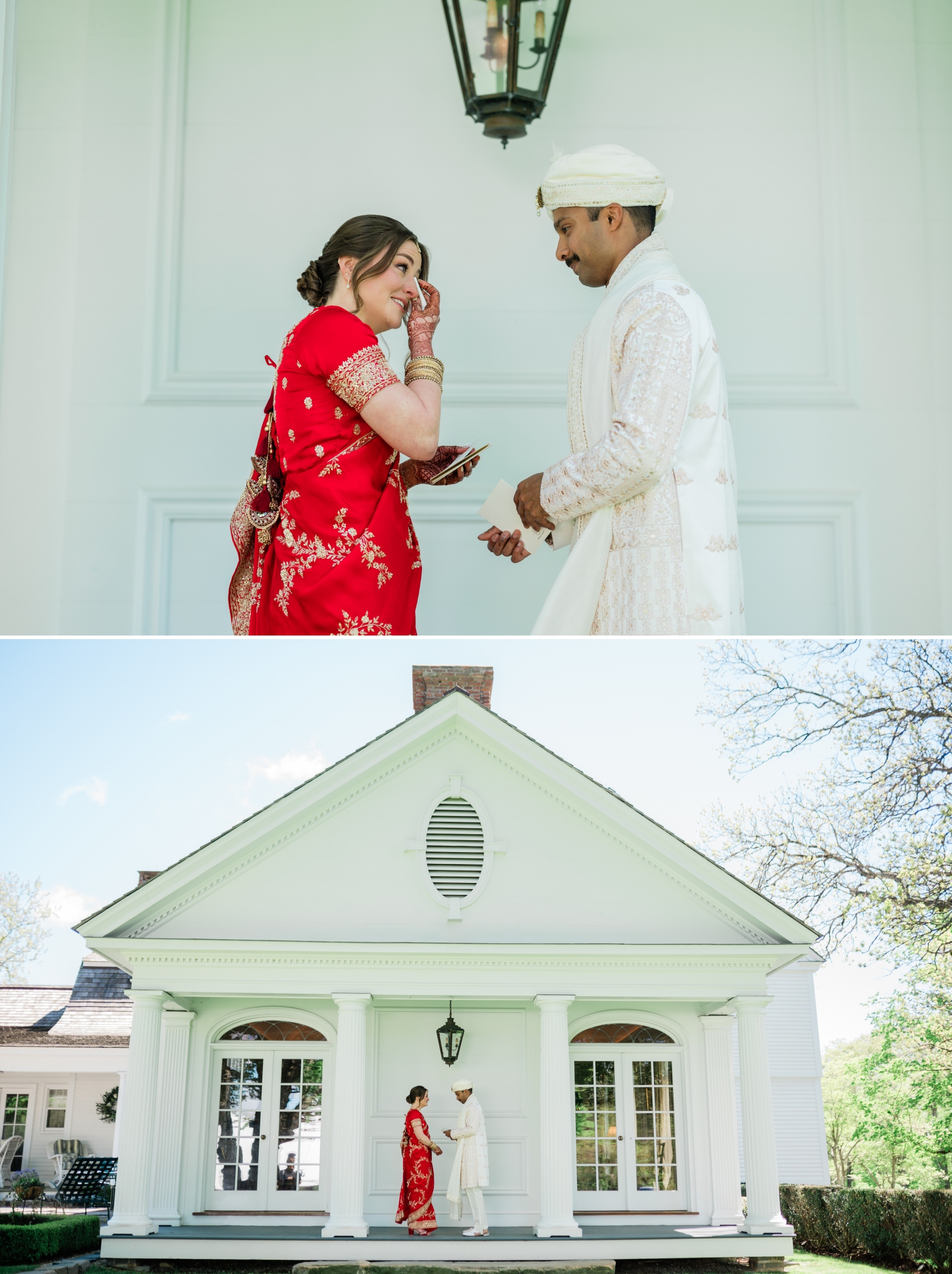 A bride and groom exchange private vows on the porch of the farmhouse at Smith Farm Gardens