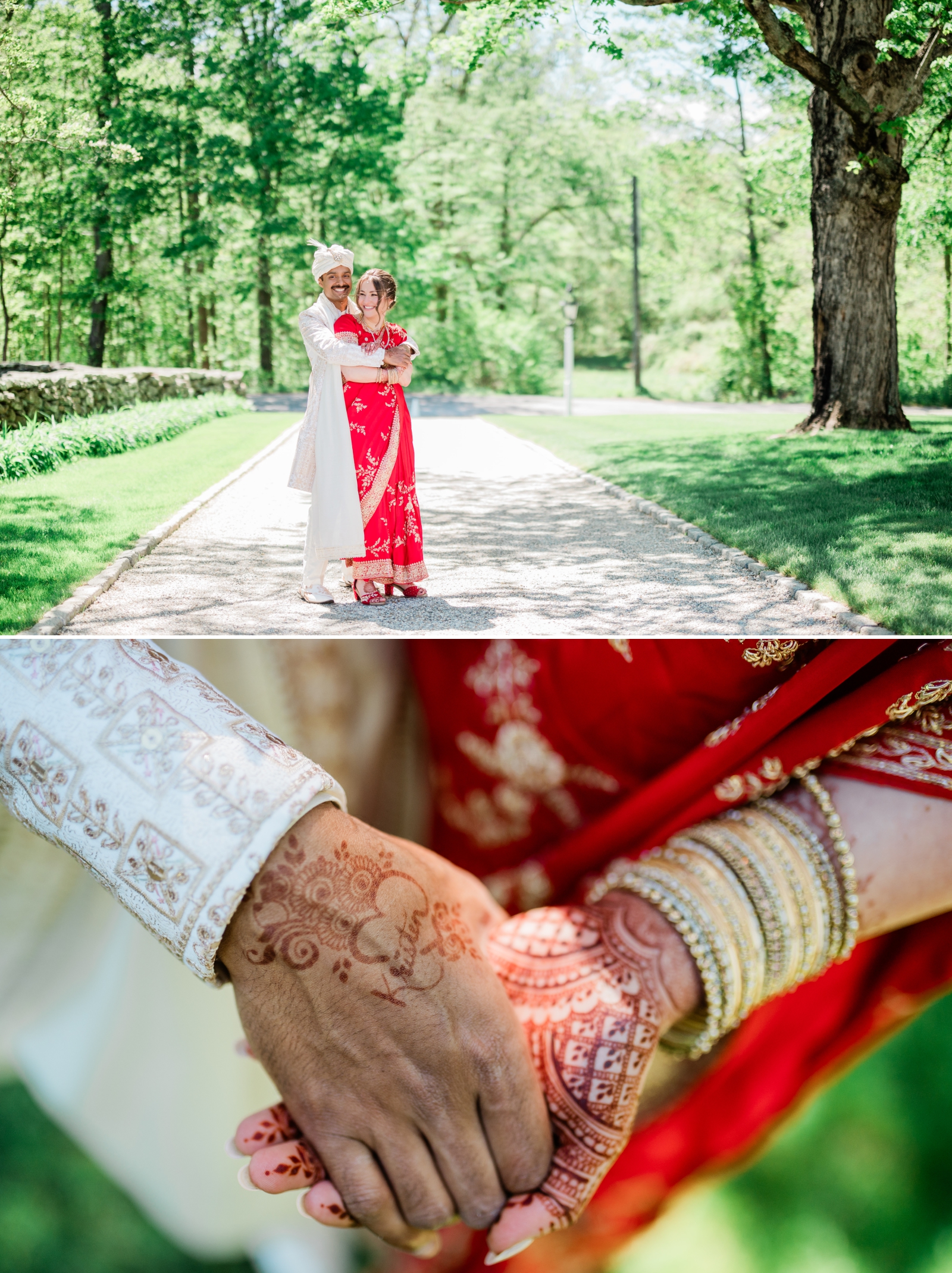 A bride in a red saree and a groom in a white Sherwani walk around the gardens at Smith Farm Gardens