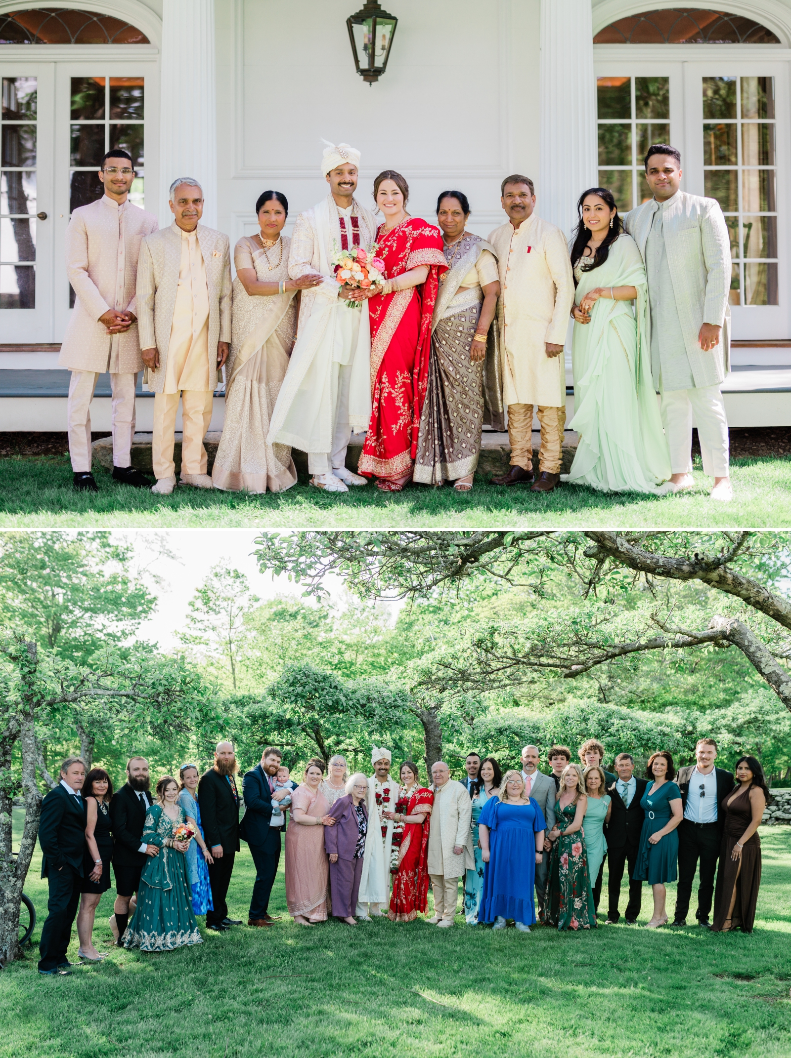 A bride and groom in traditional Indian wedding clothes standing with their families before their American Indian wedding ceremony