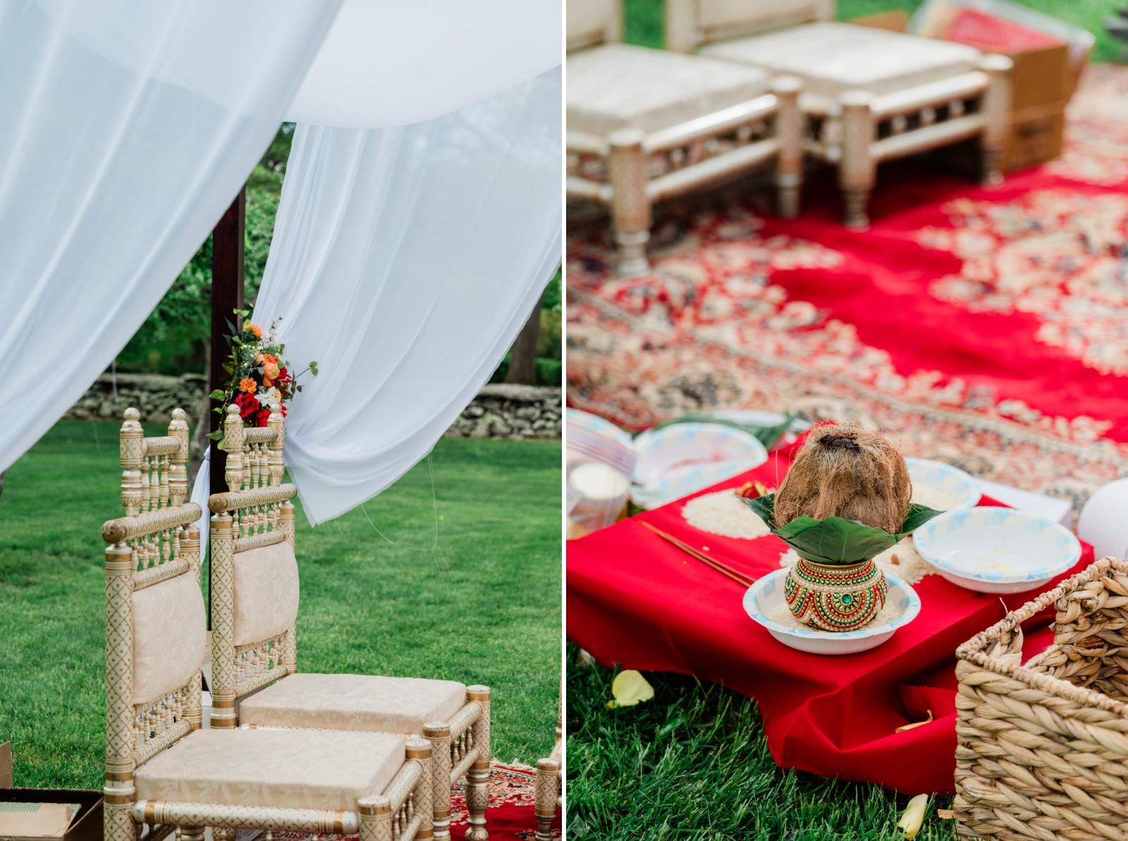 Two golden chairs beneath the canopy for an American Indian wedding ceremony