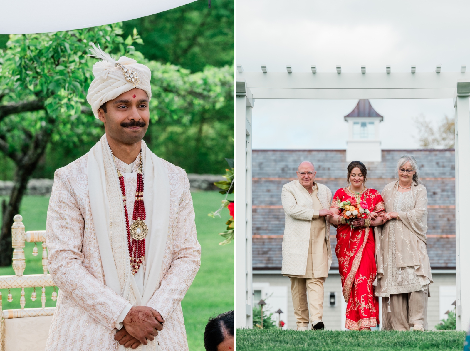 A groom watches as the bride walks down the aisle with her mother and father