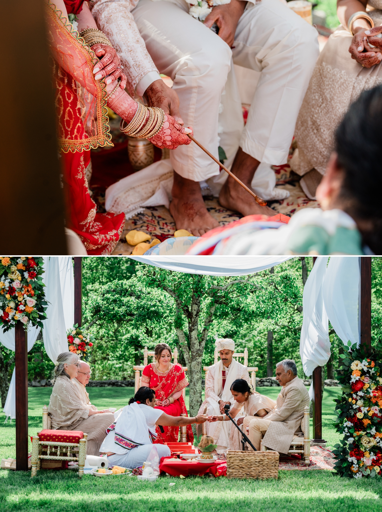 A bride and groom complete the rituals of an American Indian wedding ceremony beneath the mandap