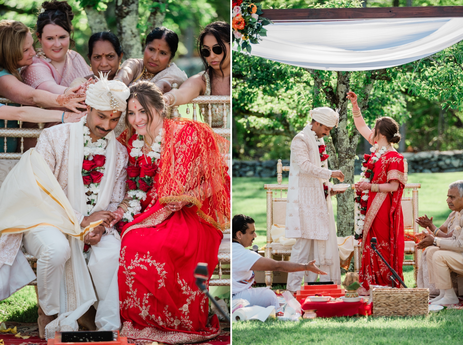 A bride sprinkles sugar over the groom's head as part of an American Indian wedding ceremony