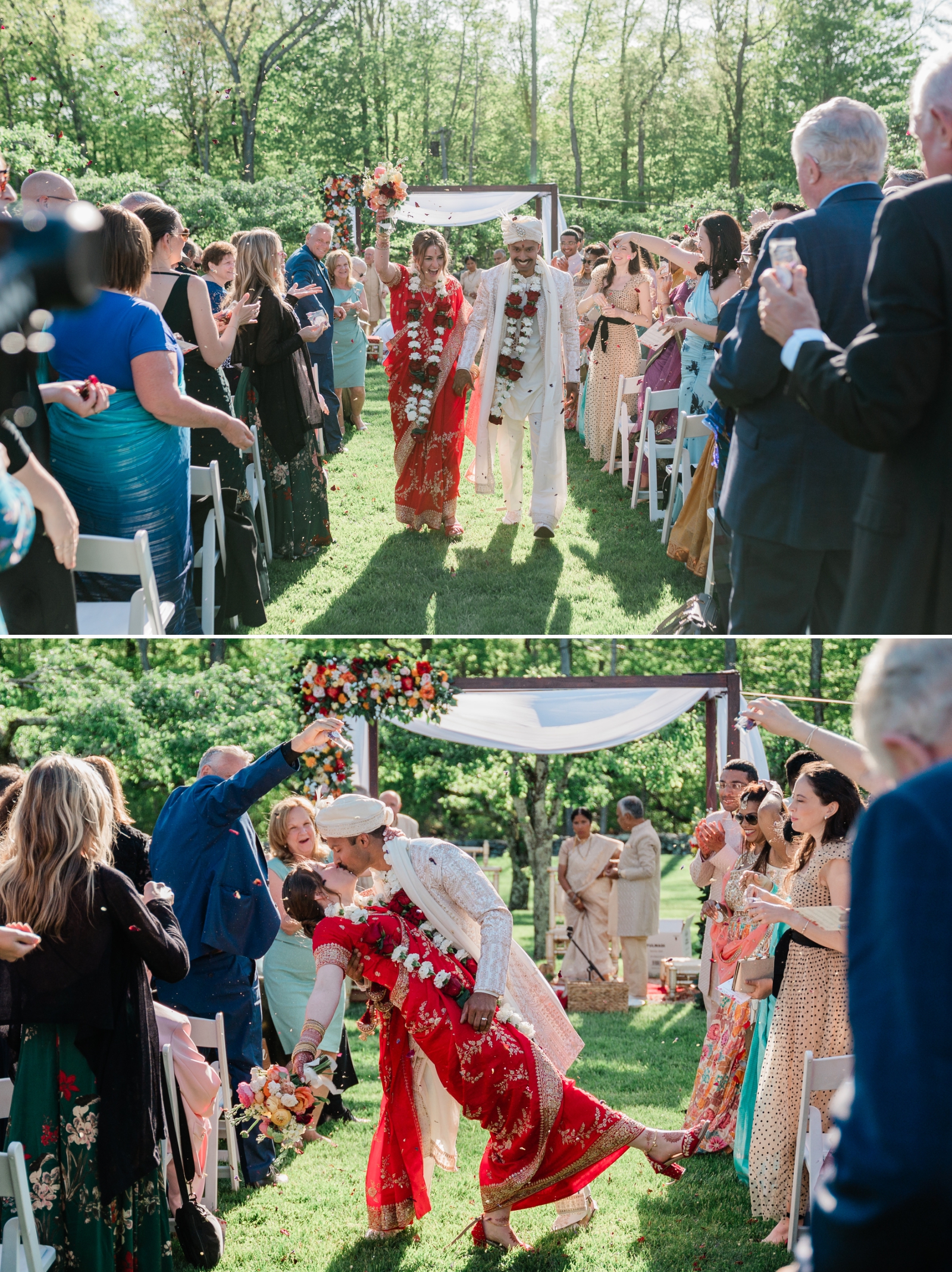 A groom dips and kisses the bride as they walk back up the aisle