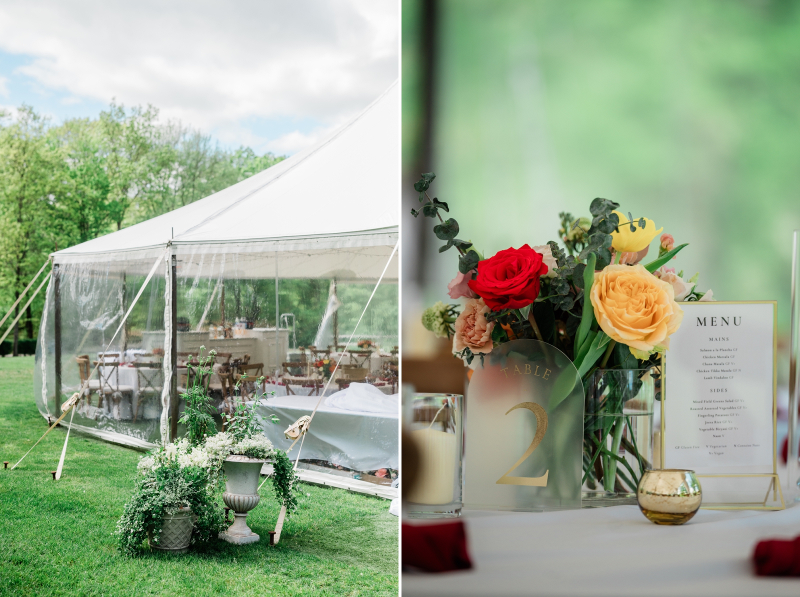 Red and yellow flowers lining tables at a wedding reception 