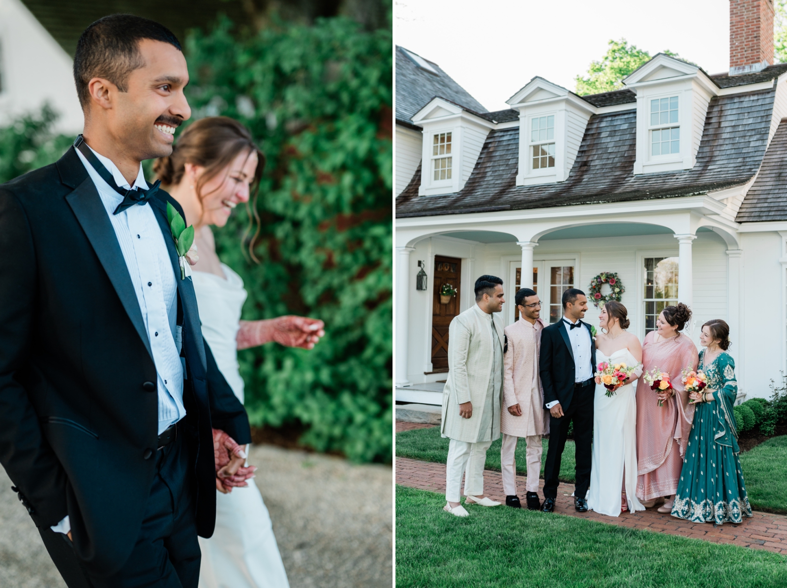 A bride and groom change from a saree and sherwani to a wedding dress and tuxedo 