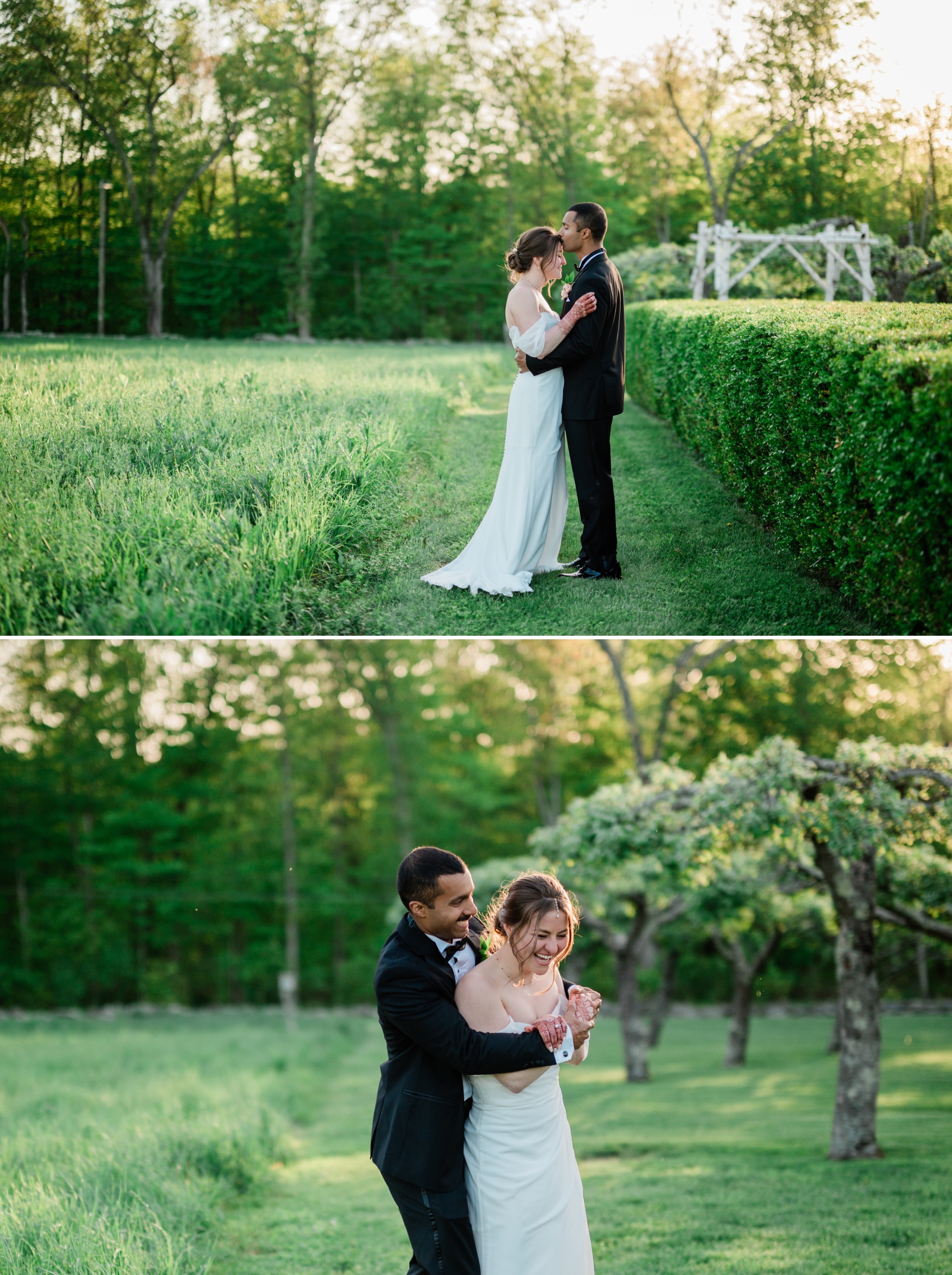 Bride and groom portraits in the field surrounding Smith Farm Gardens in East Haddam, Connecticut