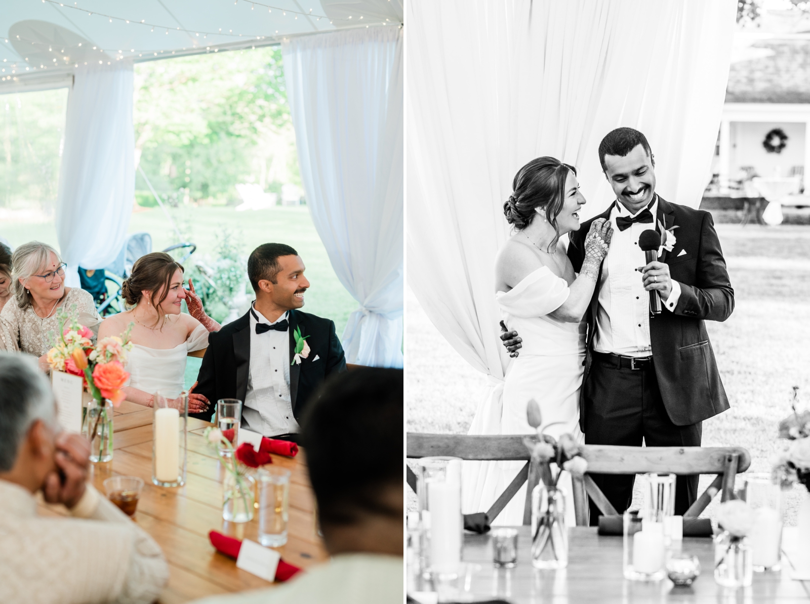 A bride and groom laughing during speeches at their wedding reception 