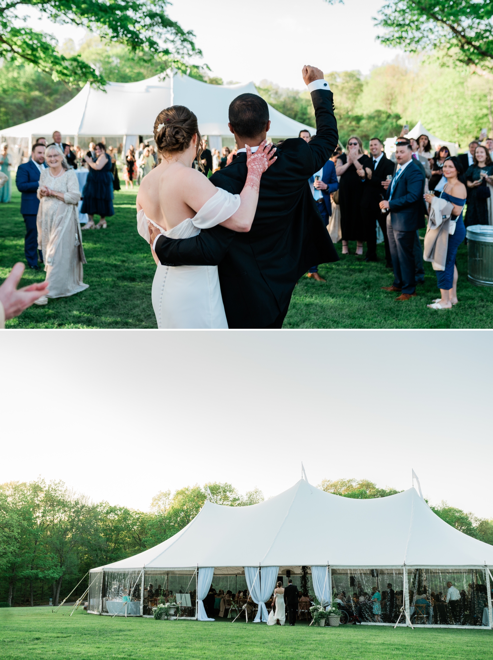 A tented wedding reception for an American Indian wedding at Smith Farm Gardens