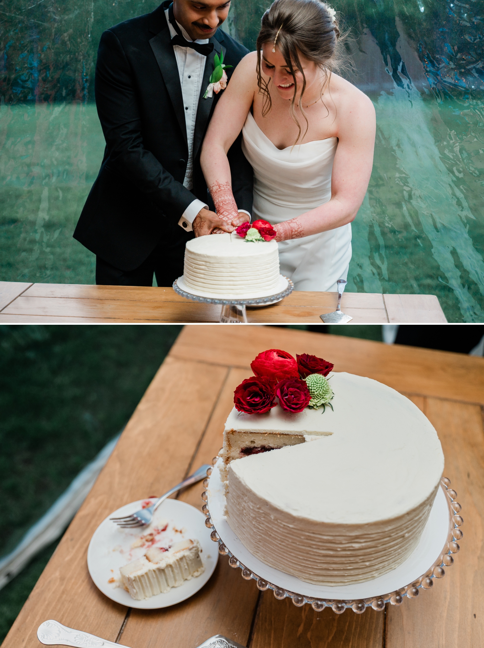 A bride and groom cut their wedding cake
