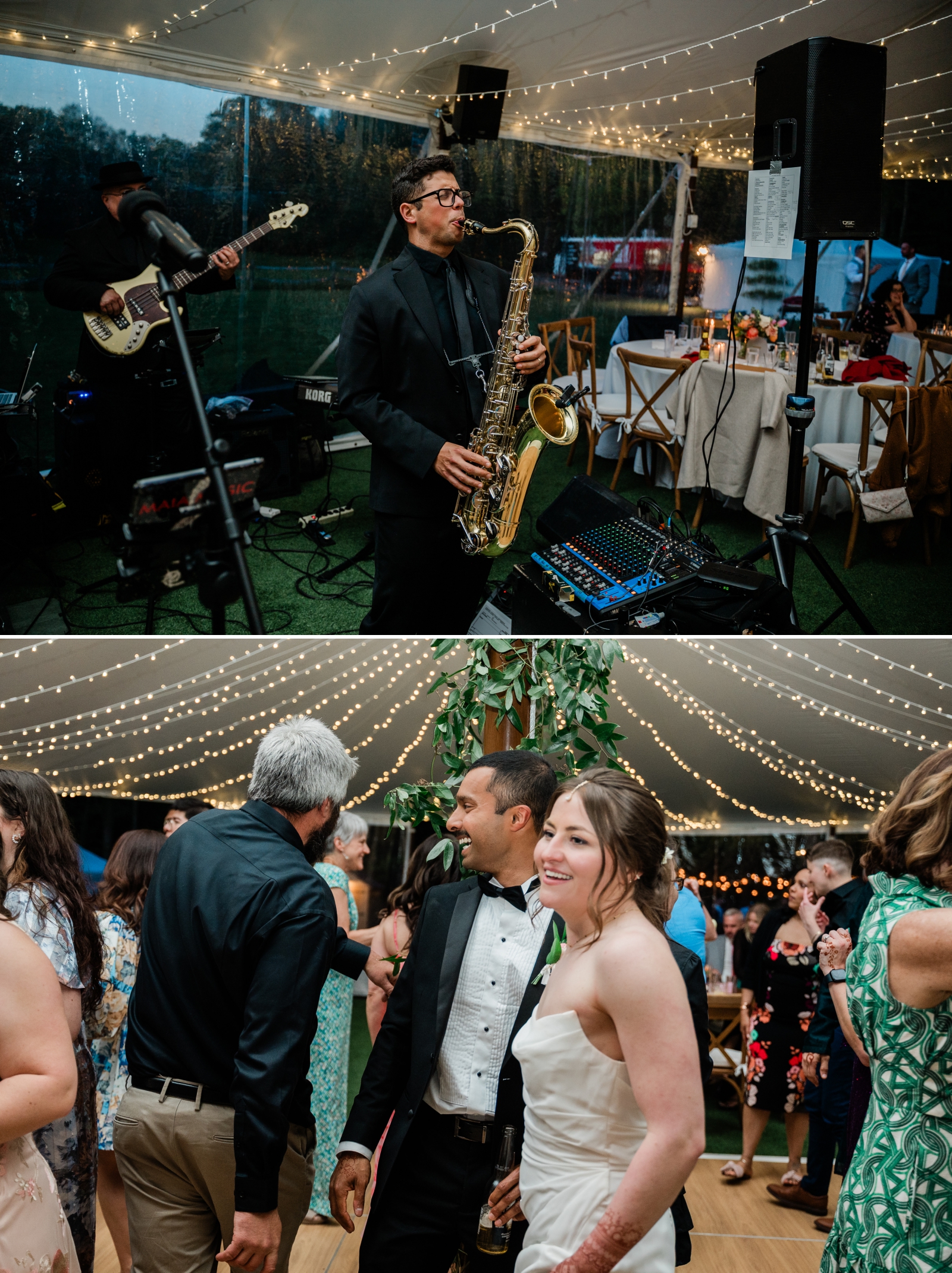 A bride and groom on the dance floor while A live band plays 