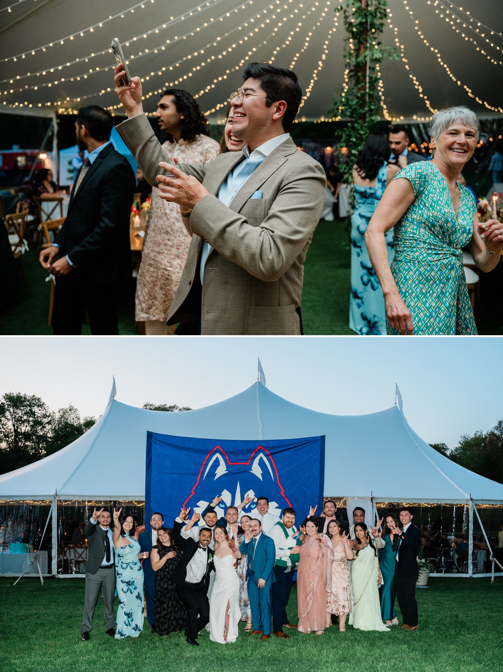A bride and groom gather around a university flag with their wedding guests 