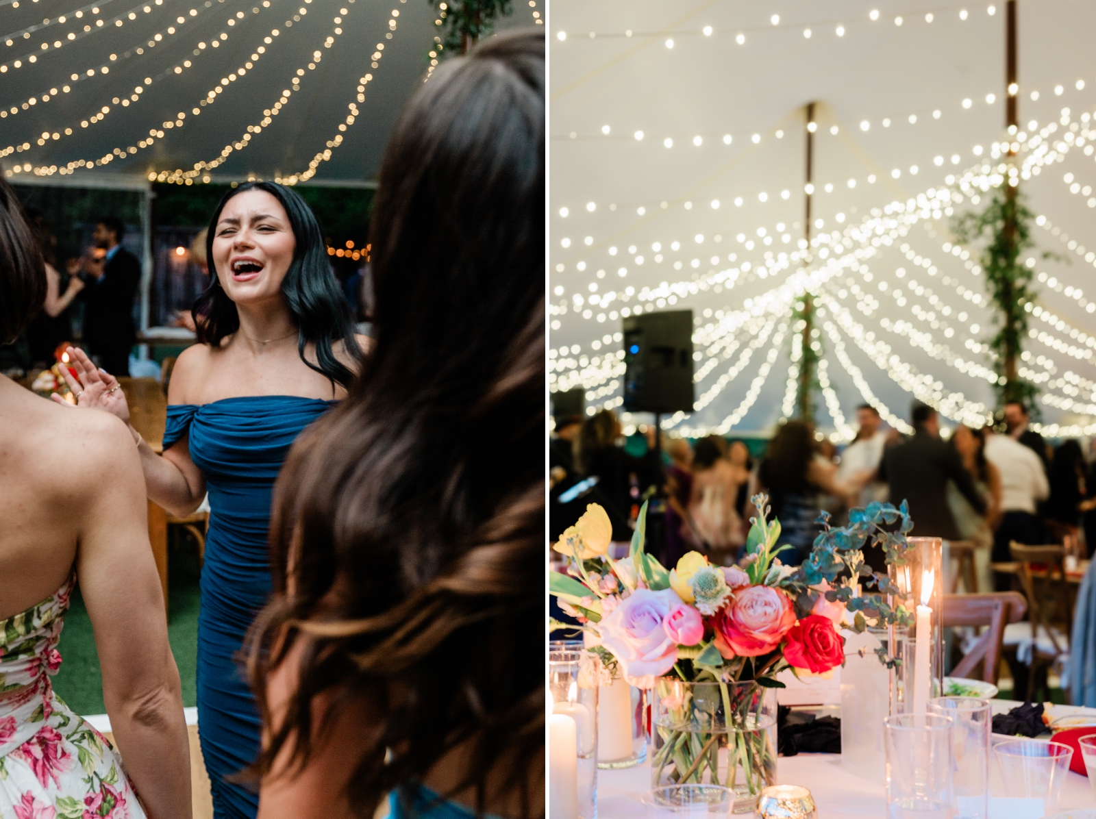 A wedding guest in a strapless blue dress sings and dances at a wedding reception 