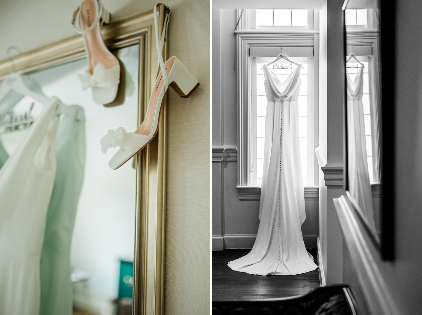 A bride's shoes hang from the corner of a golden mirror