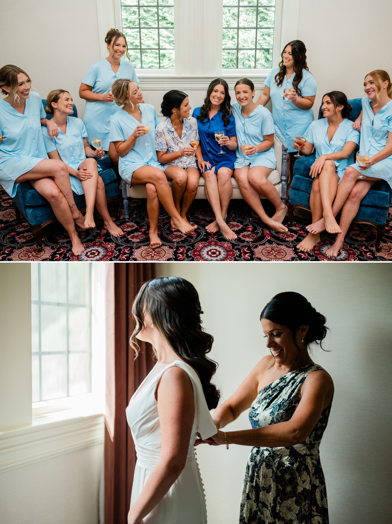 A bride in dark blue pajamas sits in the center of a group of bridesmaids in light blue pajamas