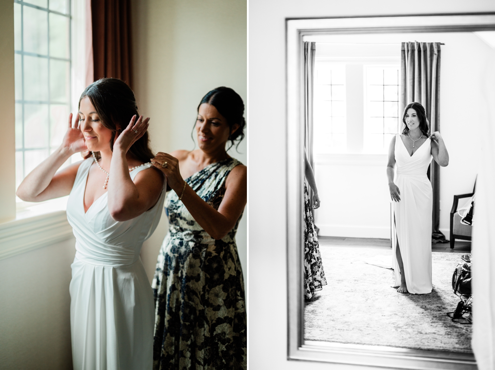 A black and white photo of a bride seeing herself in a full length mirror