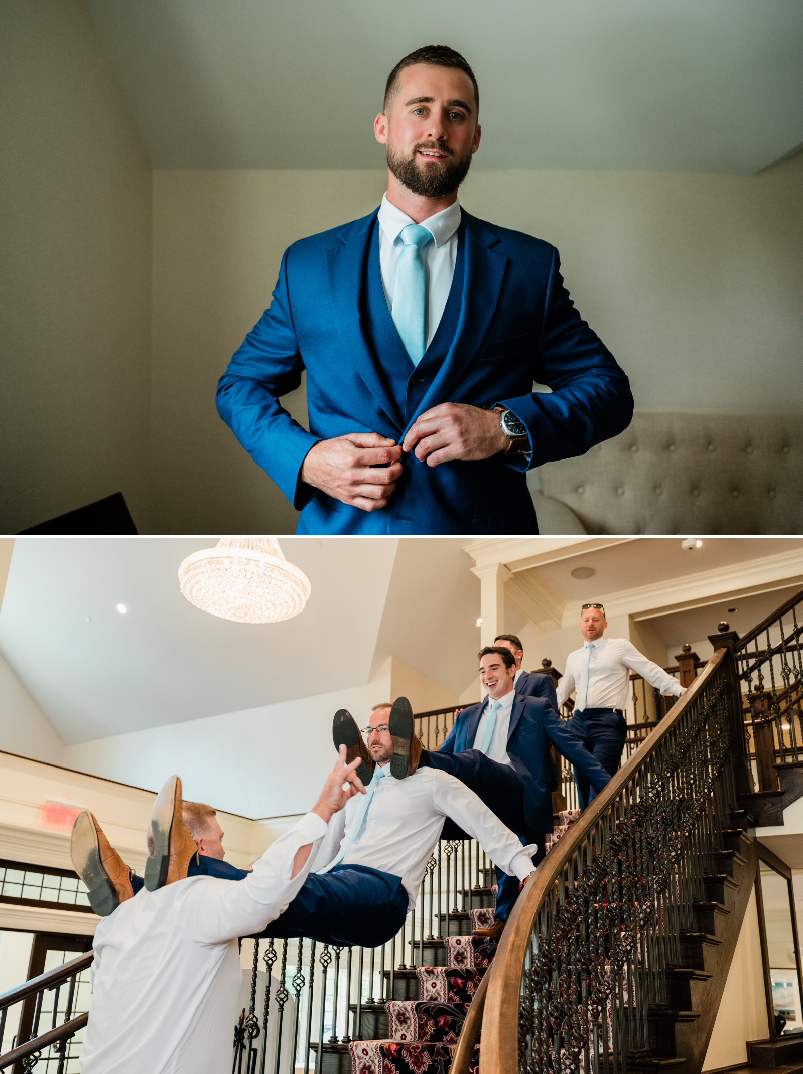 Groomsmen stand on the staircase at Saint Clements Castle, each with their legs on the shoulder of the man in front of them