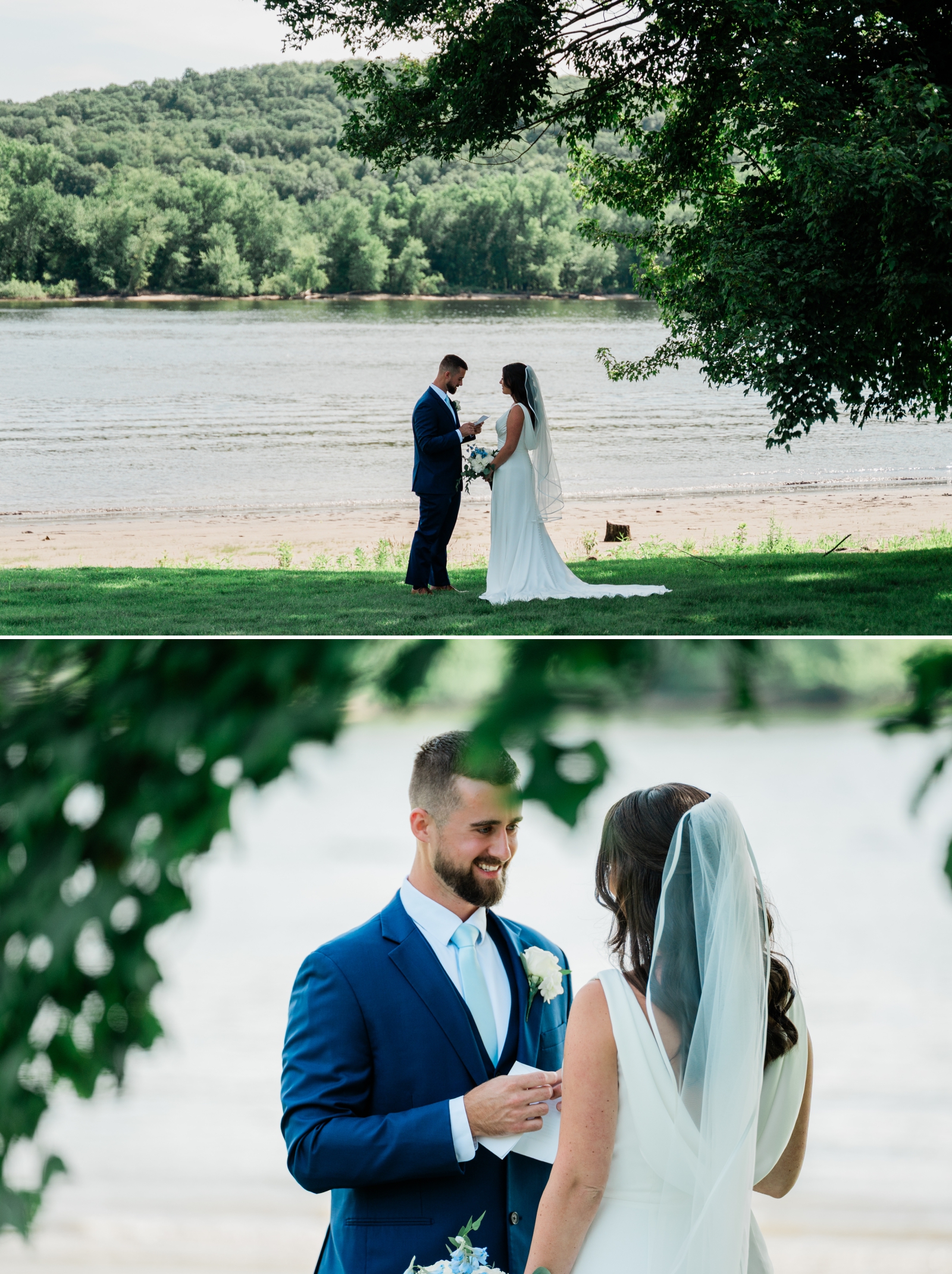 A bride in a white dress and a groom in a blue suit exchange private vows at Saint Clements Castle