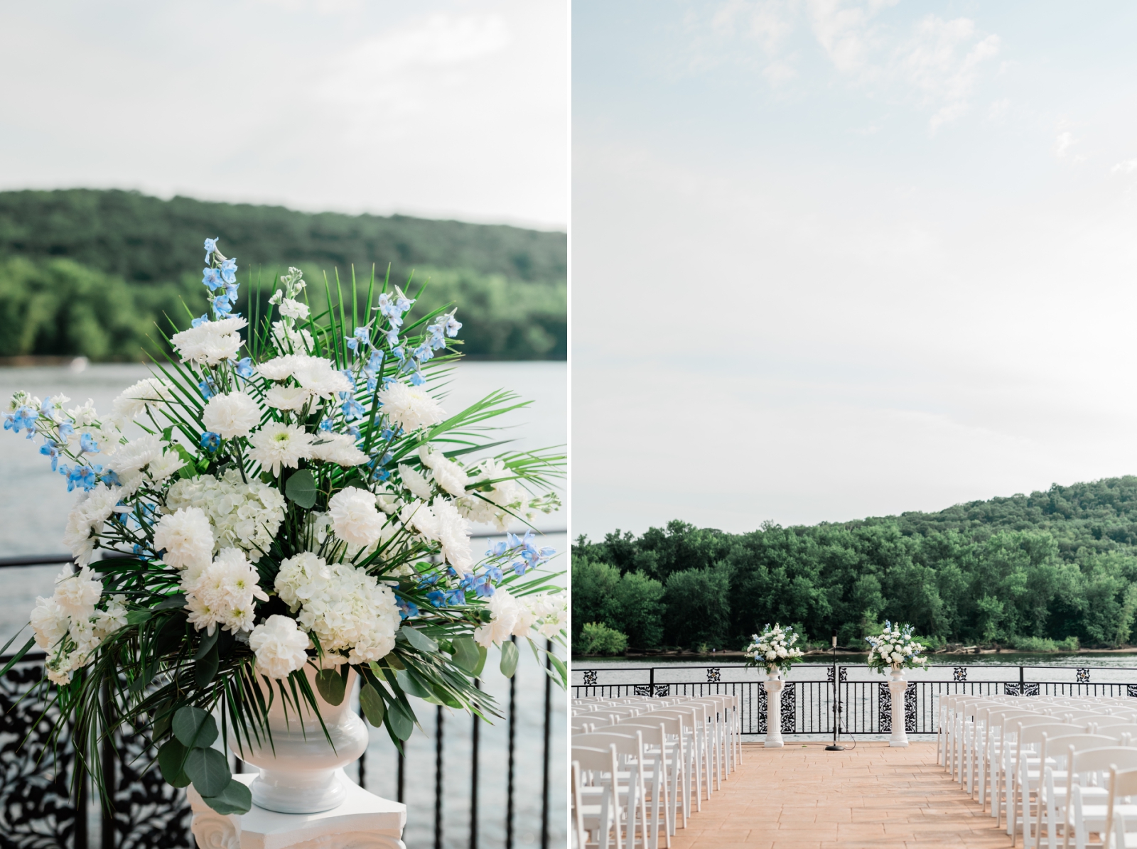 A wedding ceremony with white chairs and white and blue flowers on the riverbank at Saint Clements Castle