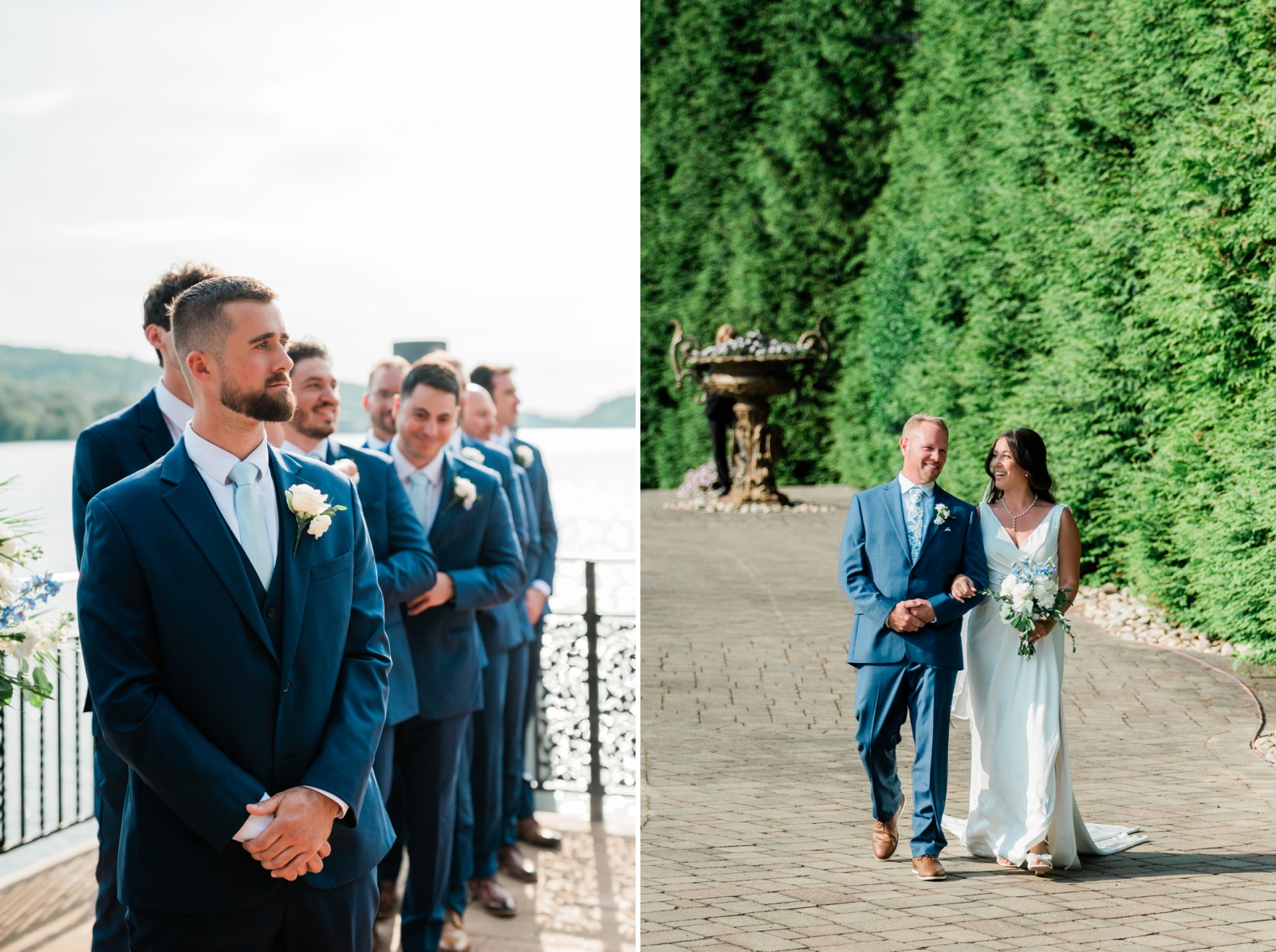 A groom cries as a bride walks down the aisle with her father