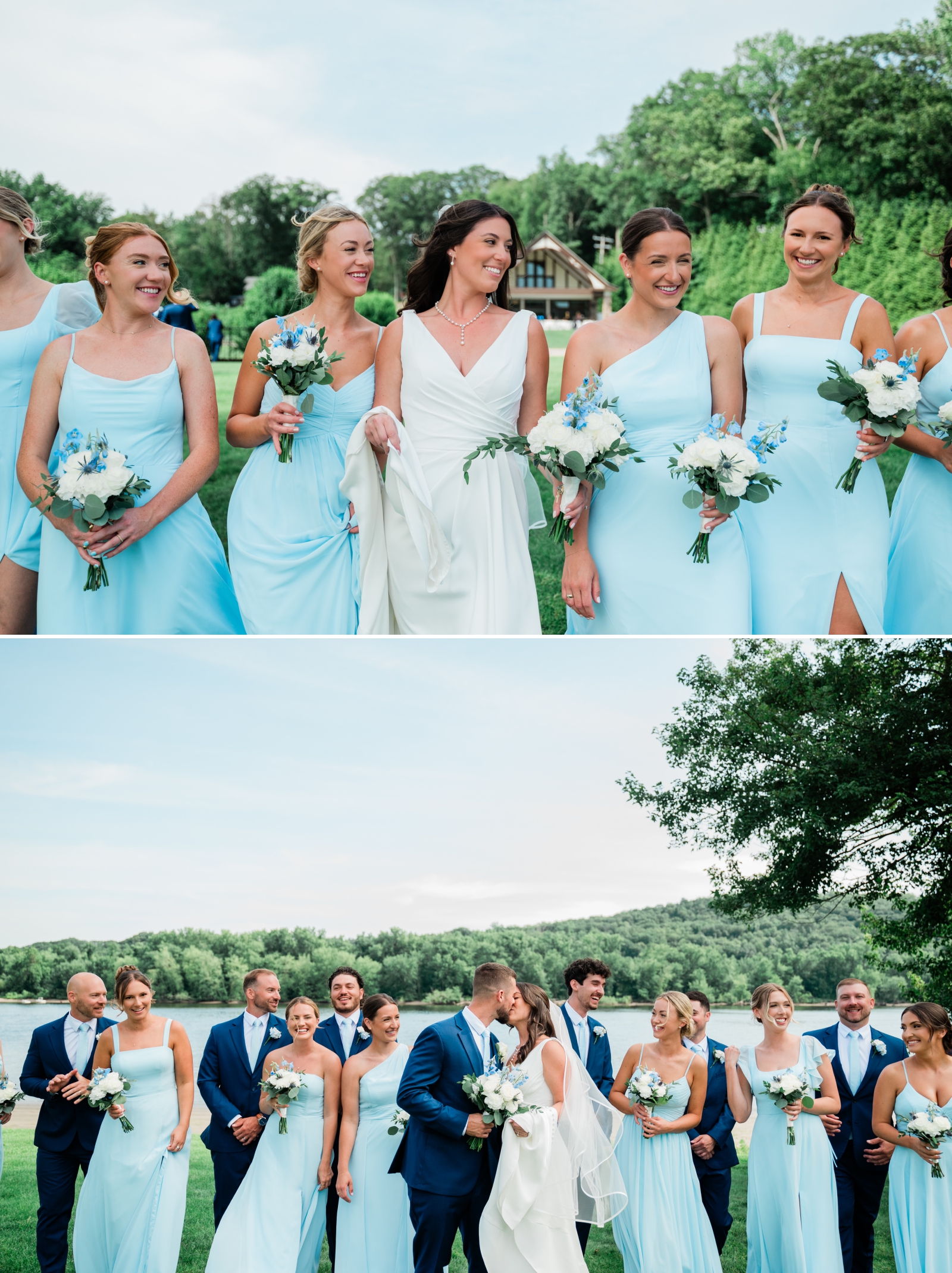 Bridesmaids in light blue dresses surround the bride in a V-neck white wedding gown 