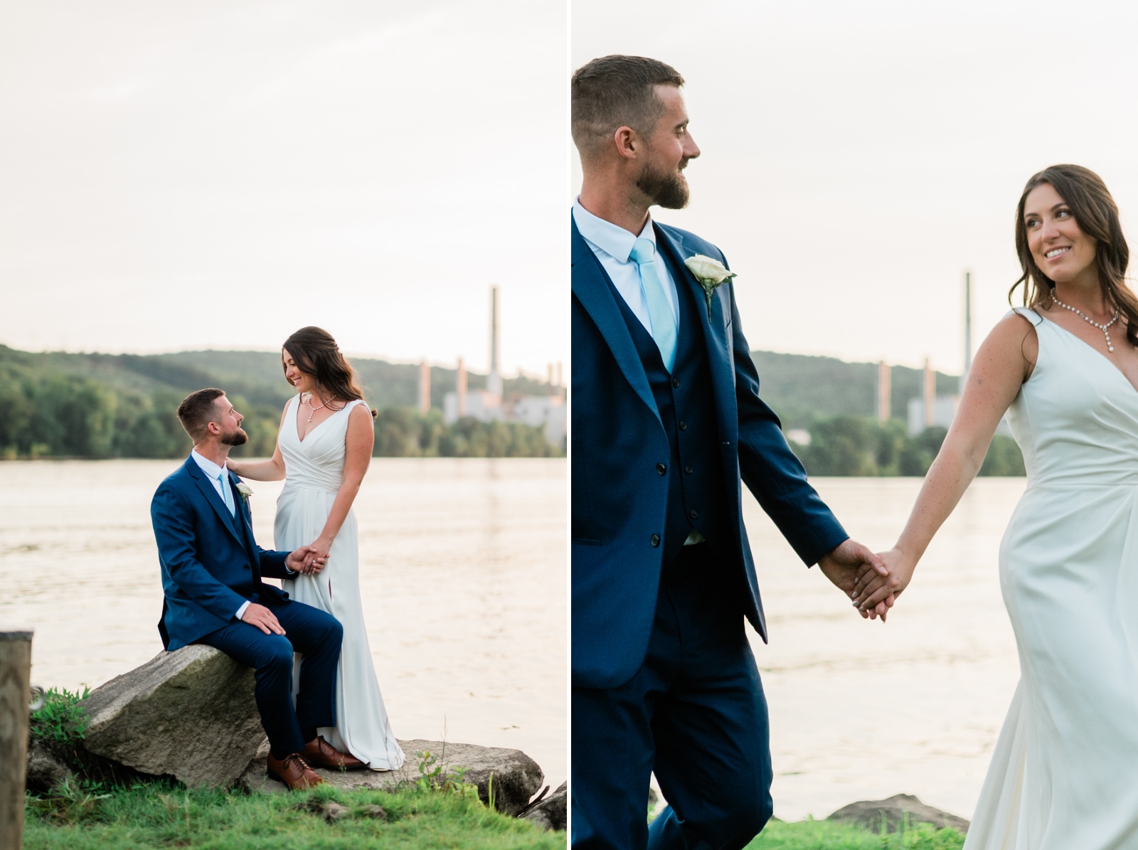A bride and groom walk along the Connecticut Riverbank at sunset 