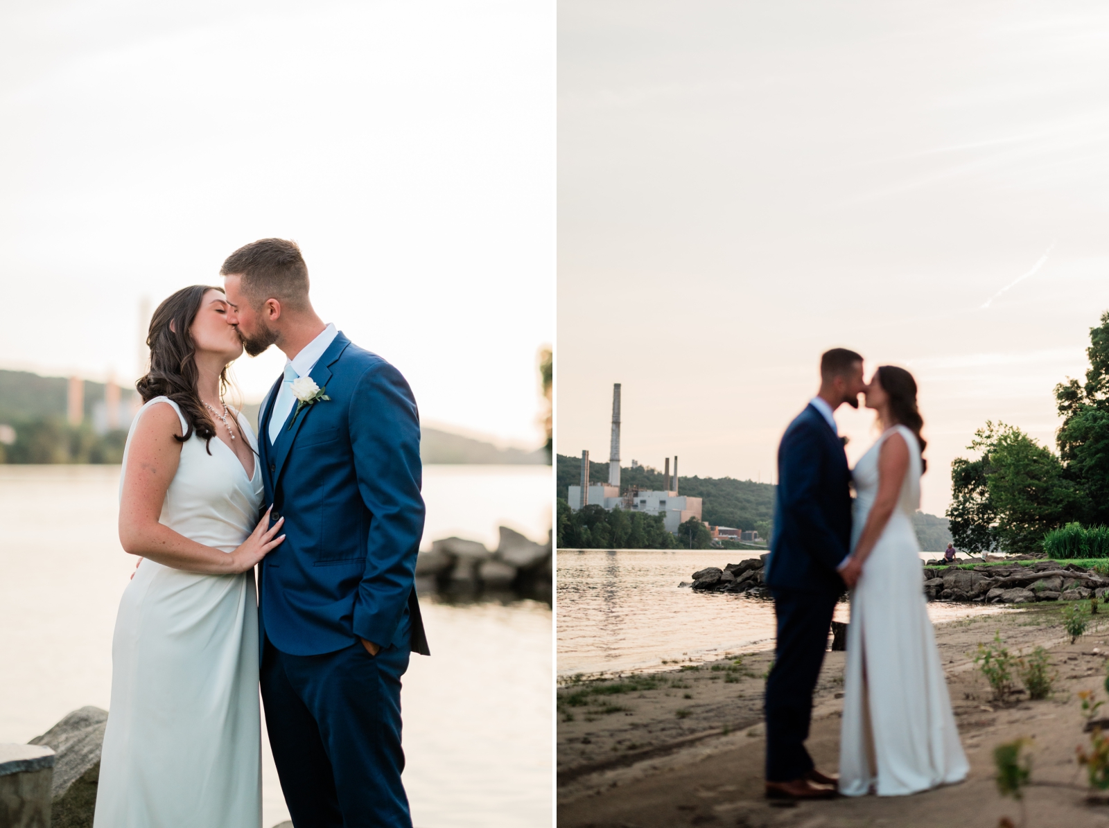 A bride and groom kiss as the sun sets over the Connecticut River