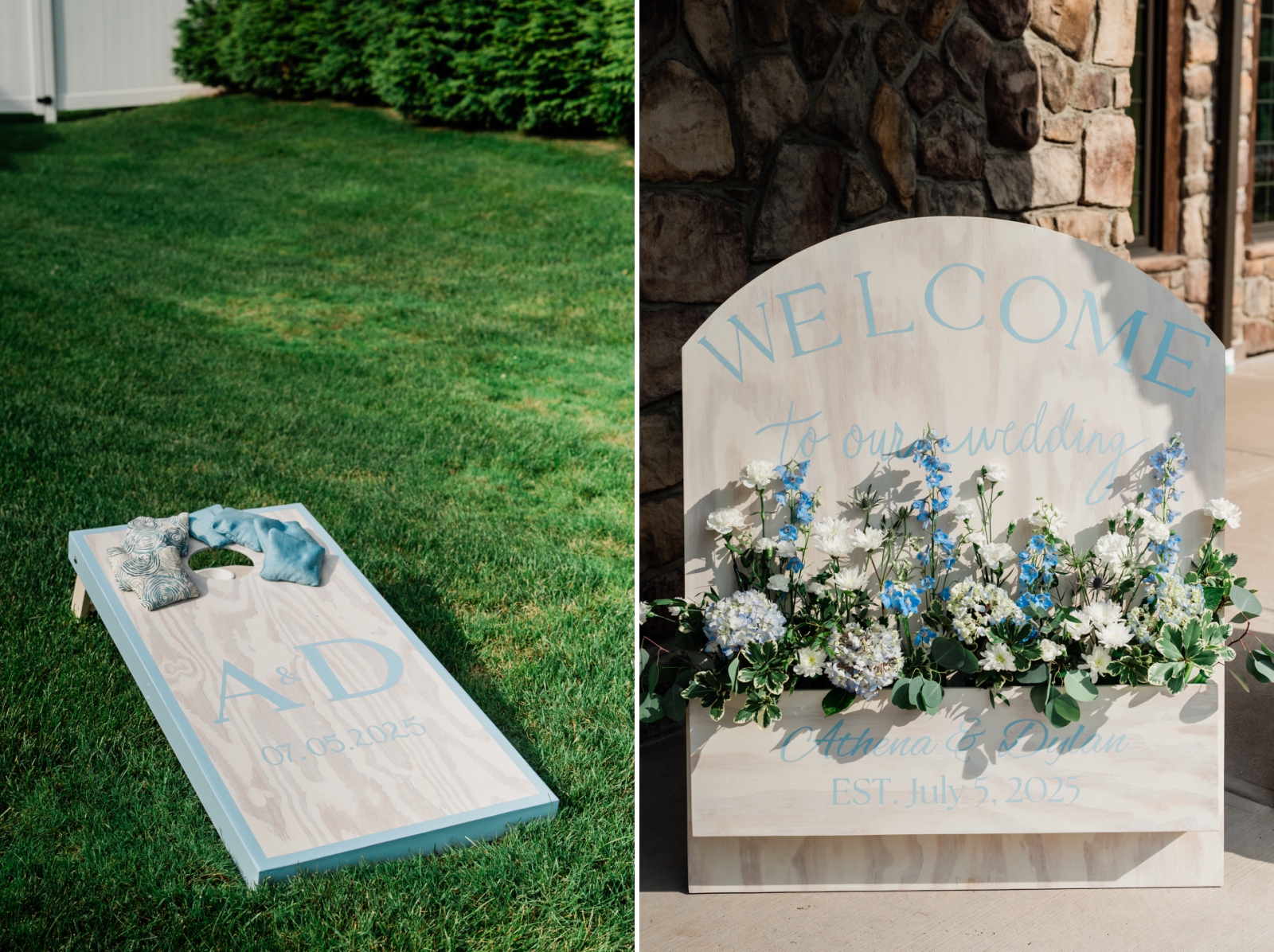 A cornhole board made by the bride's father with the date painted on 