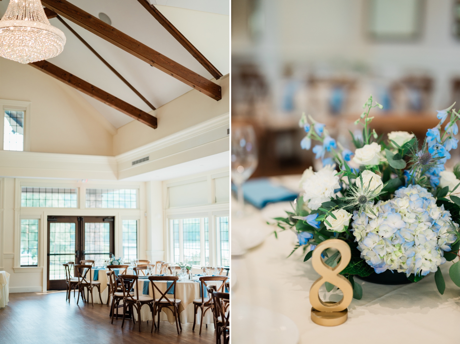 A gold table number beside a blue and white floral centerpiece