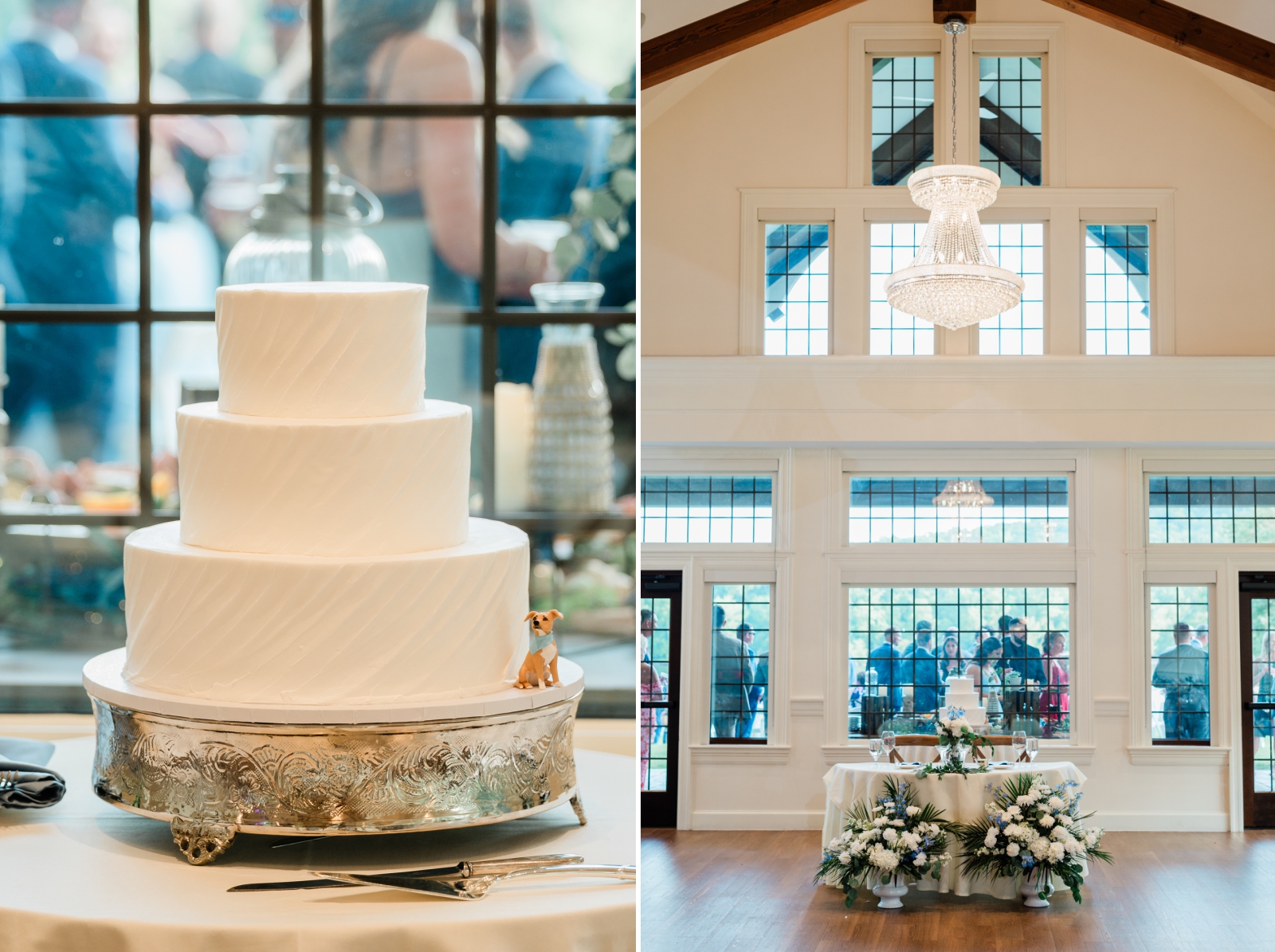 A sweetheart table in the River's Edge Marina at Saint Clements Castle flanked by two large floral installations