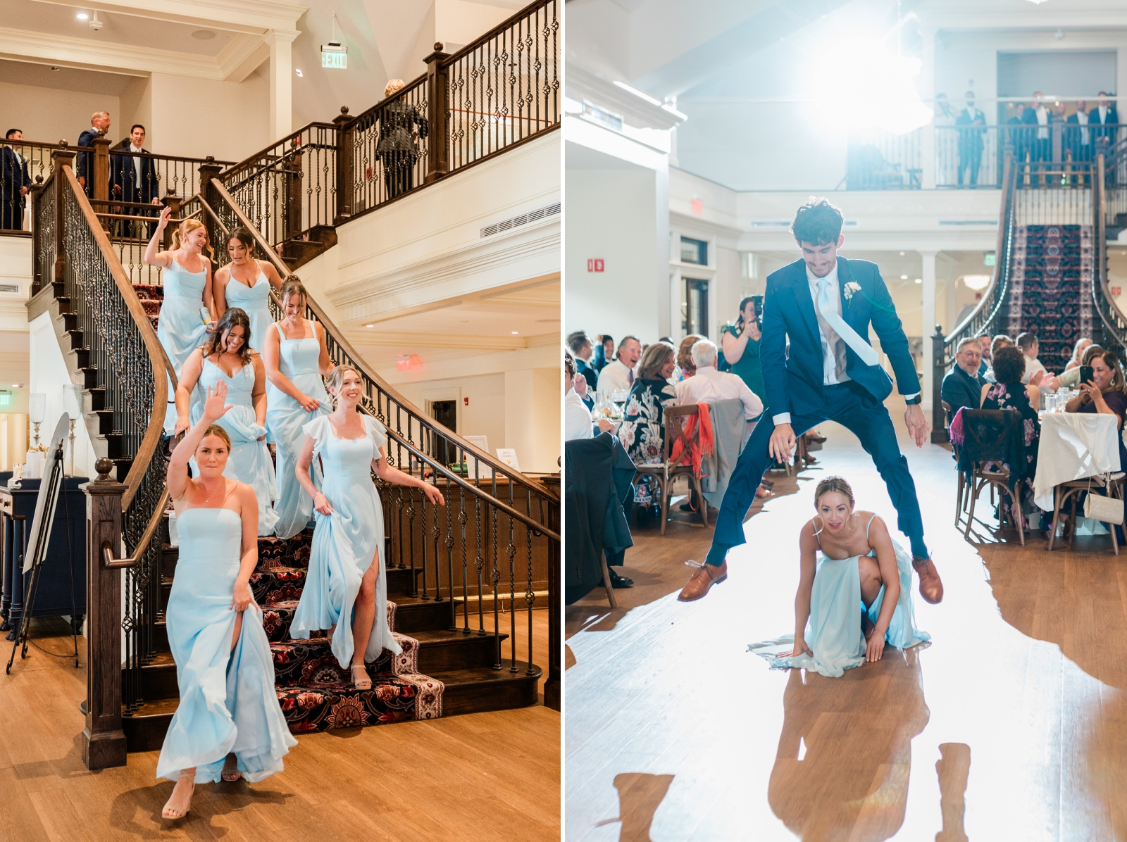 Bridesmaids in light blue dresses enter the wedding reception at Saint Clements Castle through the grand staircase