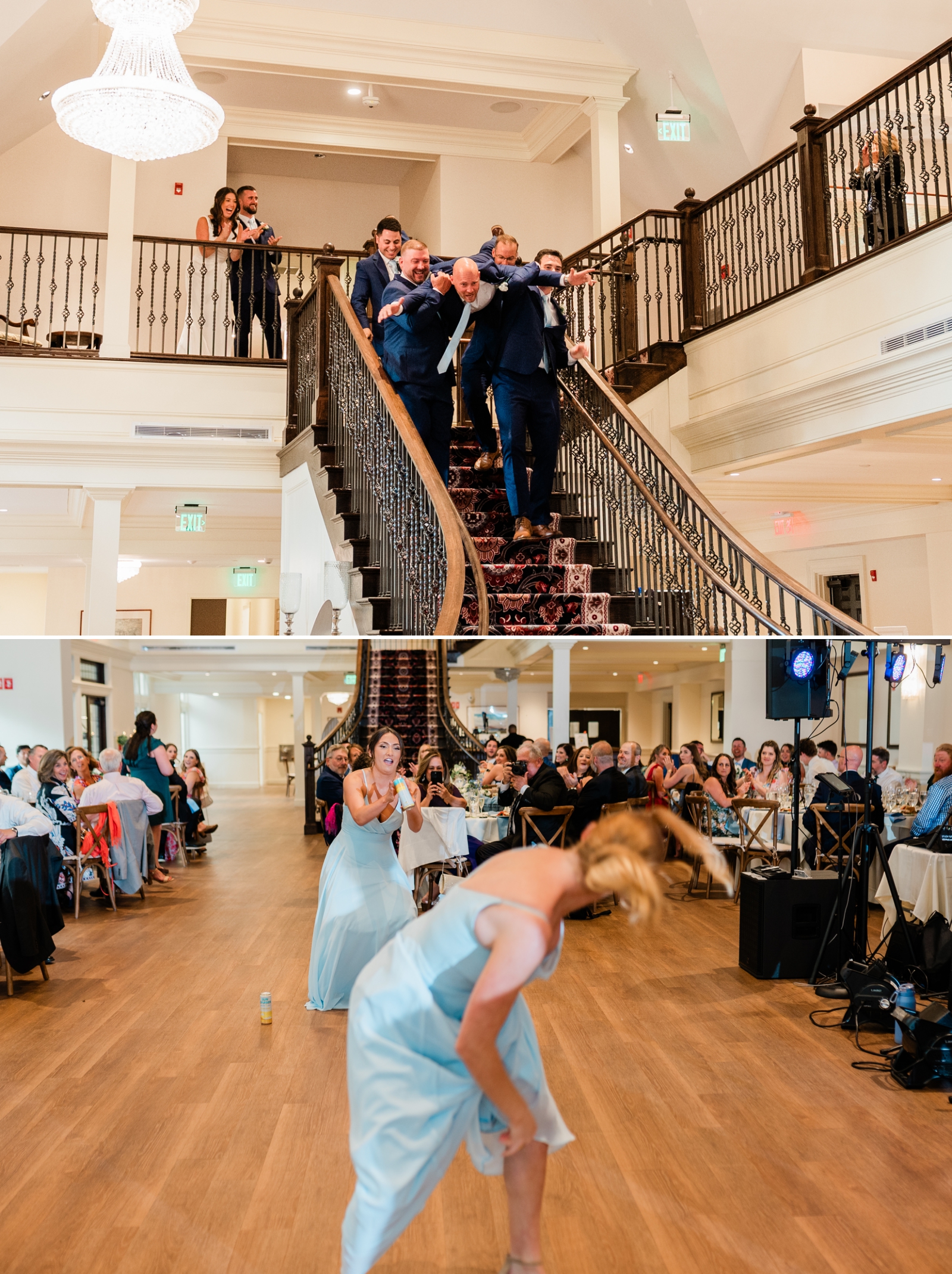 A group of groomsmen carry a groomsman down the grand staircase at Saint Clements Castle while two bridesmaids throw cans of beer to each other