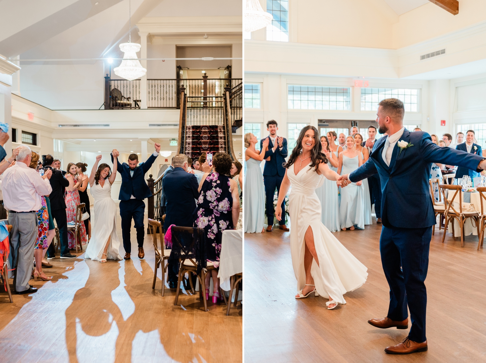 A bride and groom enter their wedding reception and begin a choreographed first dance