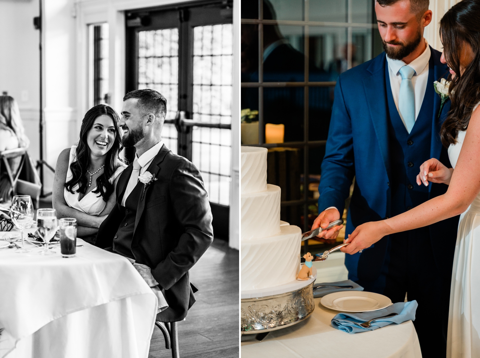 A bride and groom cut a three-tier white cake during their wedding reception at Saint Clements Castle