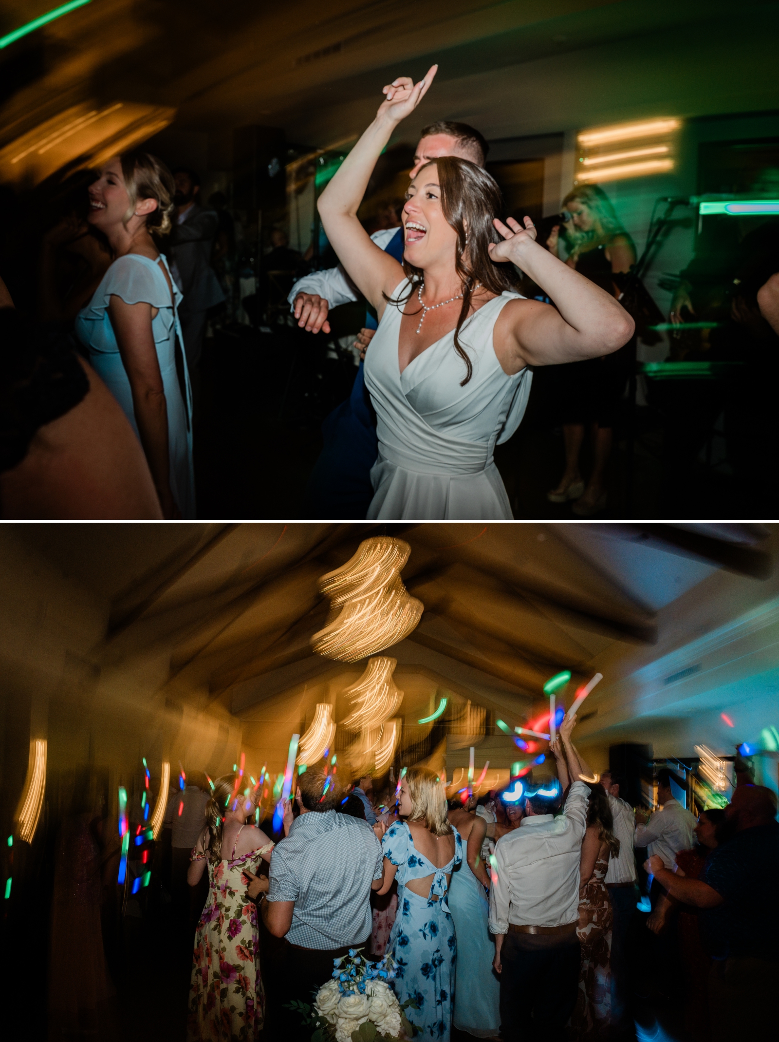 A bride and wedding guests dance beneath the chandeliers at Saint Clements Castle