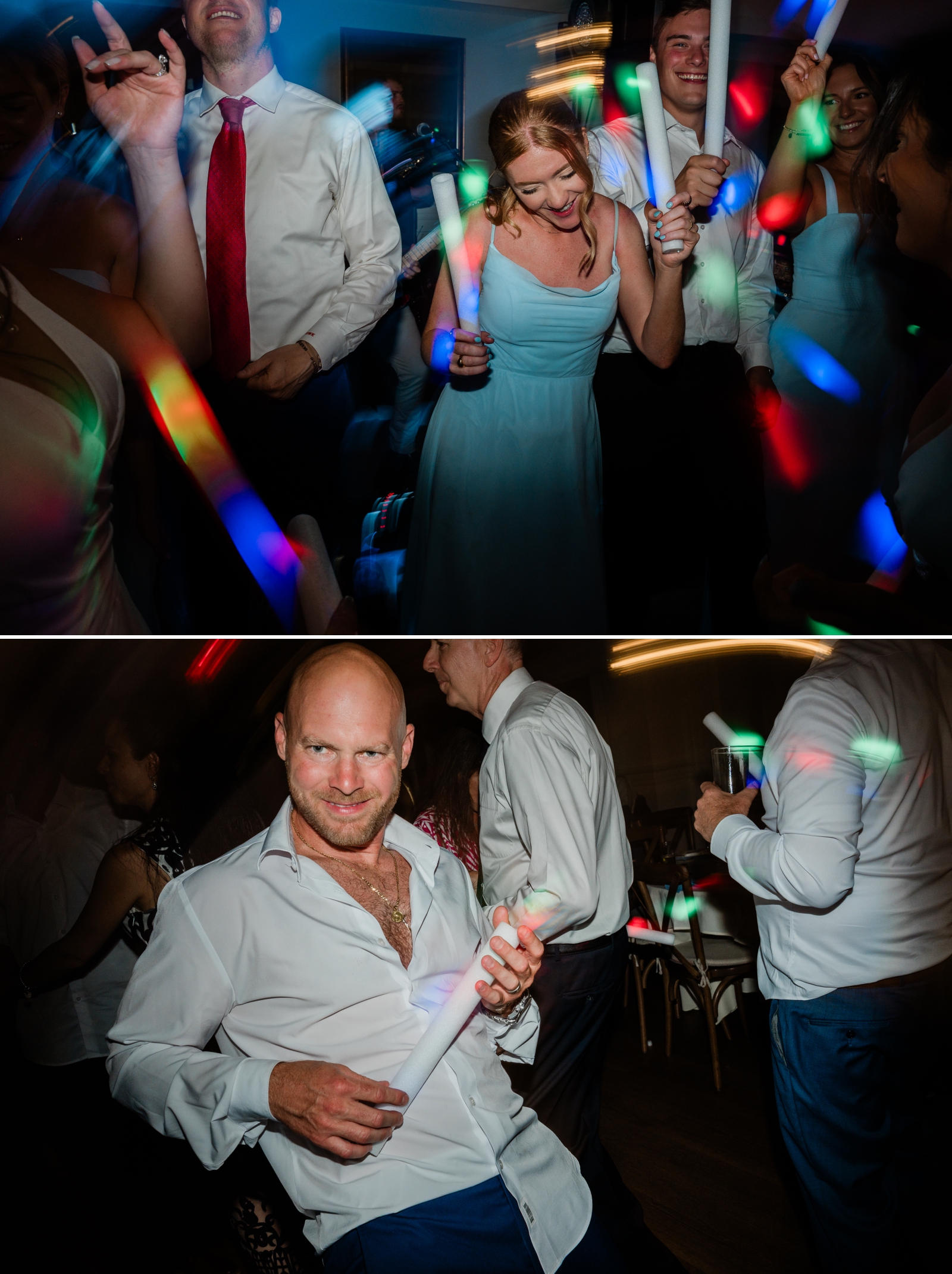 Wedding guests dance with light-up sticks, using them as microphones and guitars